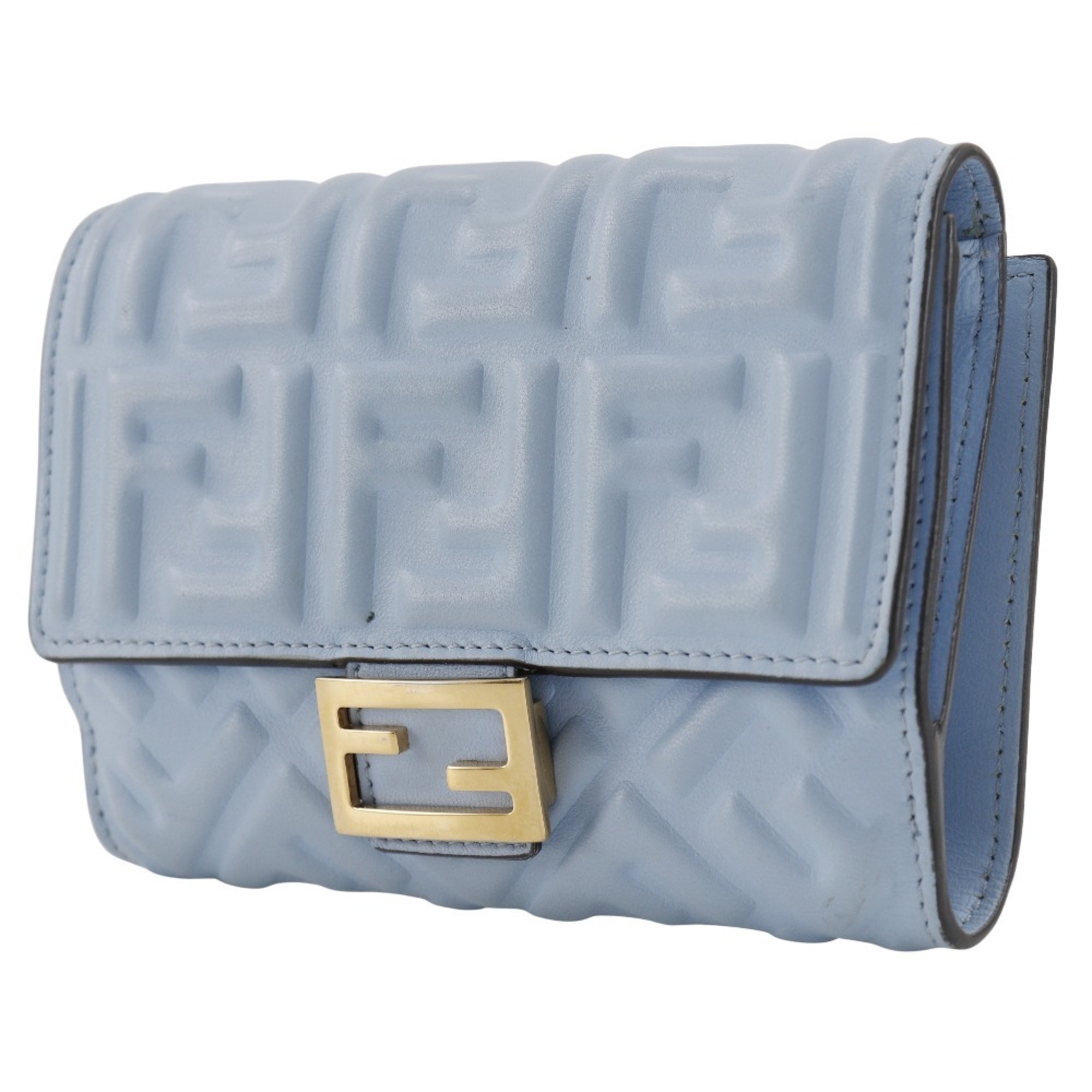 FENDI Medium Baguette Bi-fold Wallet FF Embossed 8M0419 Calfskin Light Blue Snap Button Women's