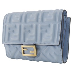 FENDI Medium Baguette Bi-fold Wallet FF Embossed 8M0419 Calfskin Light Blue Snap Button Women's