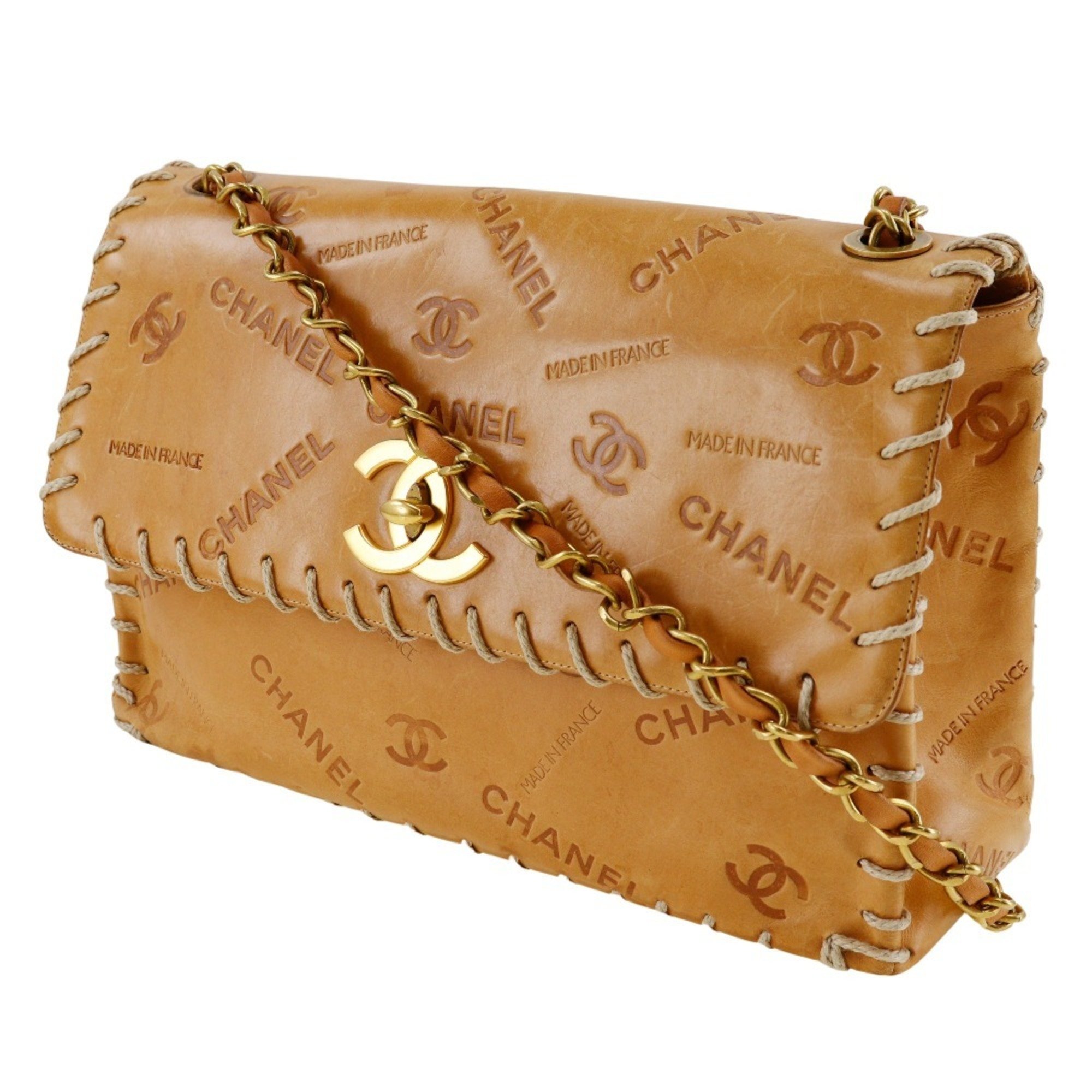 Chanel CHANEL Chain Shoulder Bag Coco Mark Natural Leather Brown Turn Lock ChainShoulder Women's B-Rank