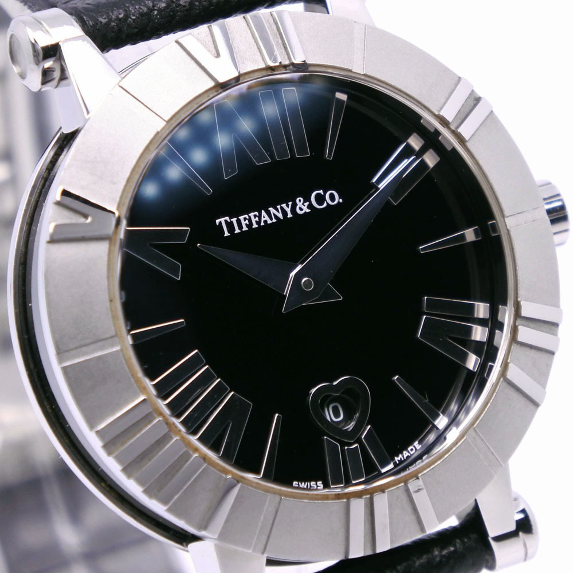 Tiffany TIFFANY&Co. Atlas Watch Stainless Steel x Leather Quartz Analog Display Black Dial Ladies