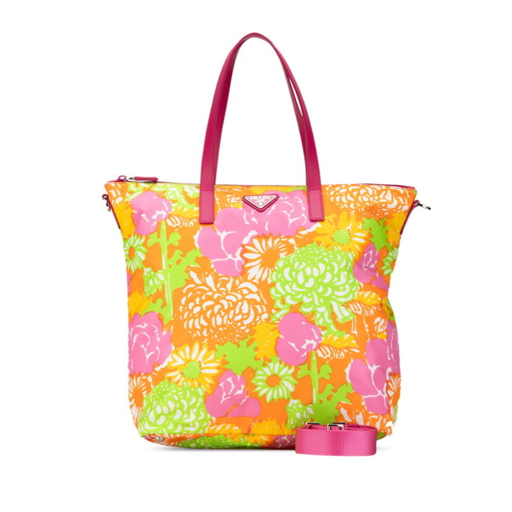 Prada Triangle Flower Motif Tote Bag Shoulder Pink Orange Multicolor Nylon Leather Women's PRADA