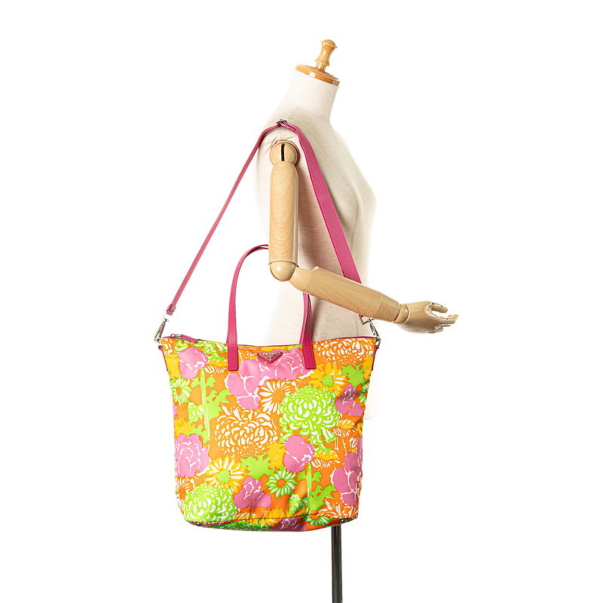 Prada Triangle Flower Motif Tote Bag Shoulder Pink Orange Multicolor Nylon Leather Women's PRADA