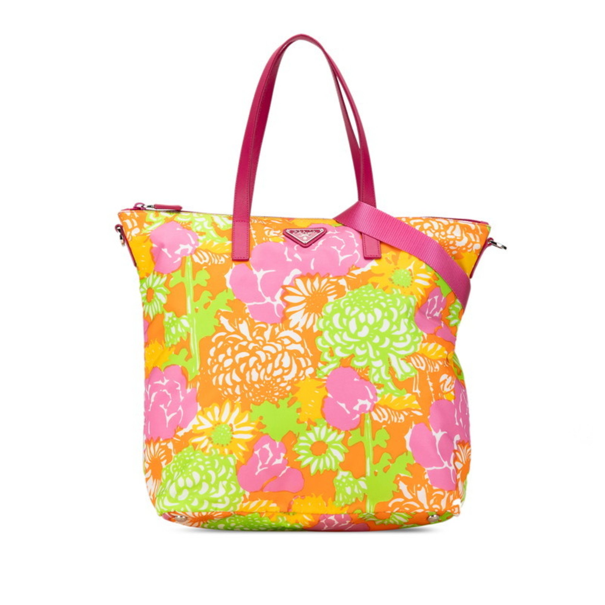 Prada Triangle Flower Motif Tote Bag Shoulder Pink Orange Multicolor Nylon Leather Women's PRADA