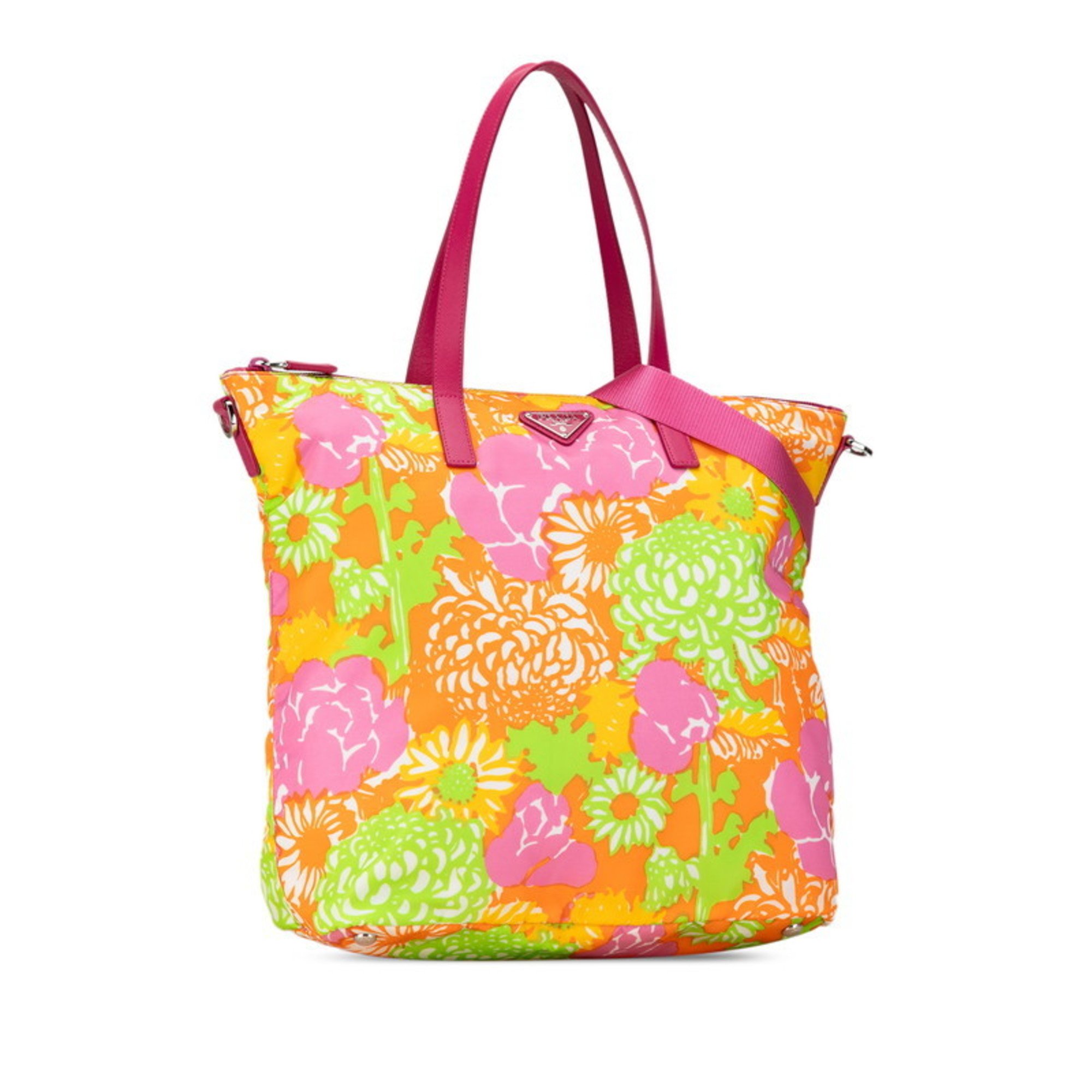 Prada Triangle Flower Motif Tote Bag Shoulder Pink Orange Multicolor Nylon Leather Women's PRADA