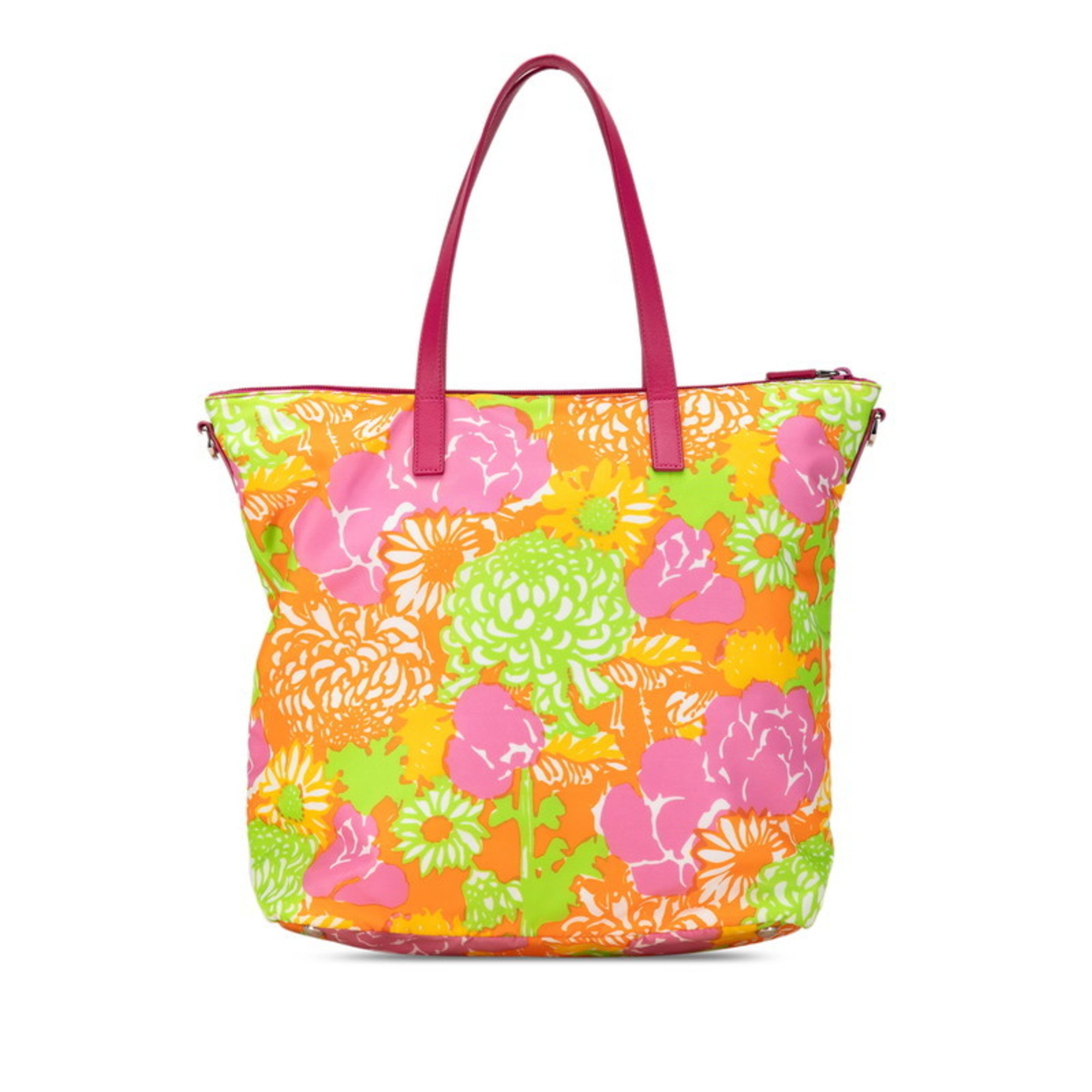 Prada Triangle Flower Motif Tote Bag Shoulder Pink Orange Multicolor Nylon Leather Women's PRADA