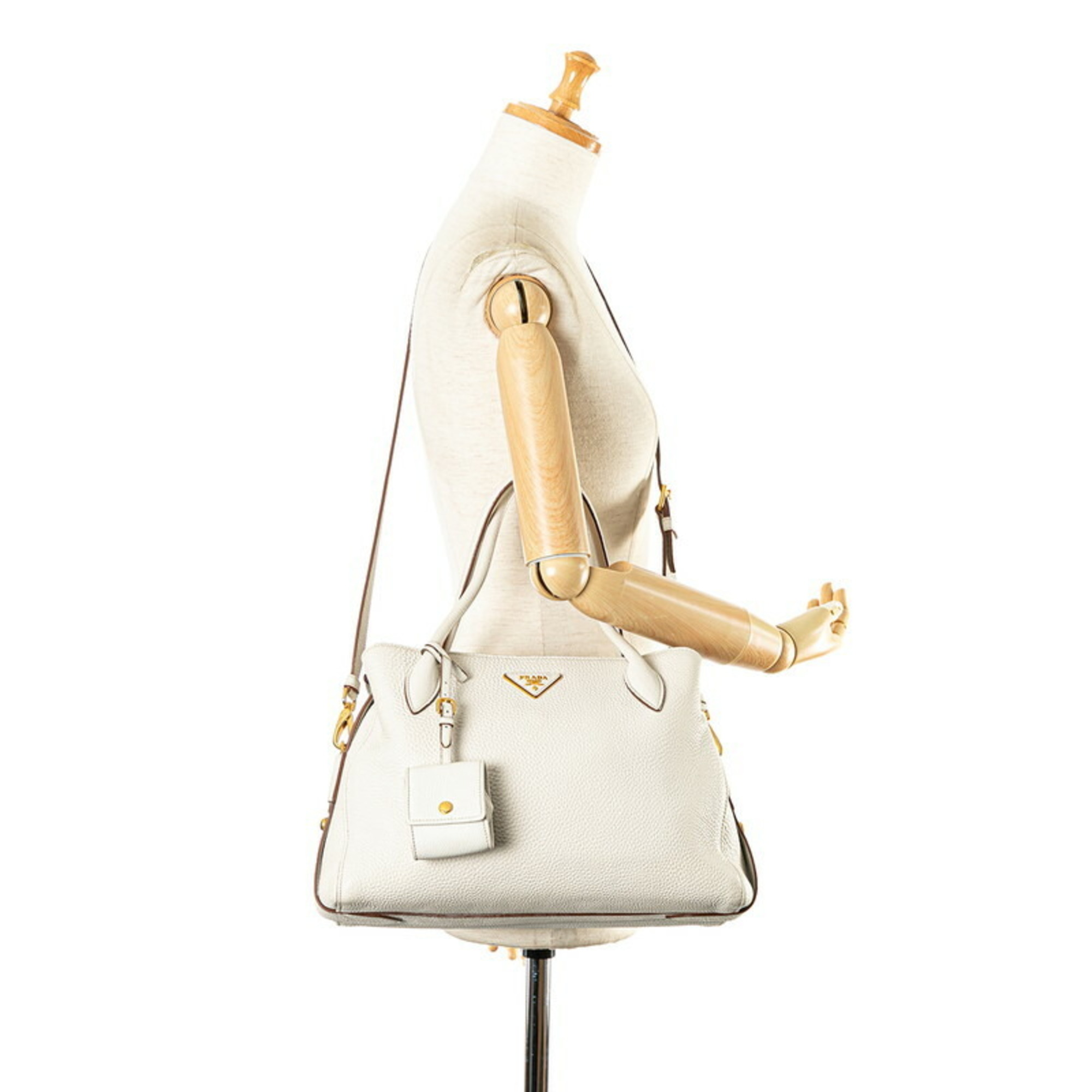 Prada Triangle Plate Handbag Shoulder Bag 1BA127 White Beige Leather Women's PRADA