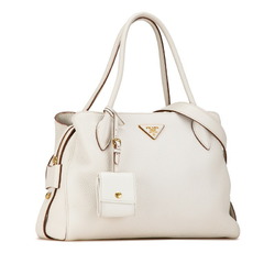 Prada Triangle Plate Handbag Shoulder Bag 1BA127 White Beige Leather Women's PRADA