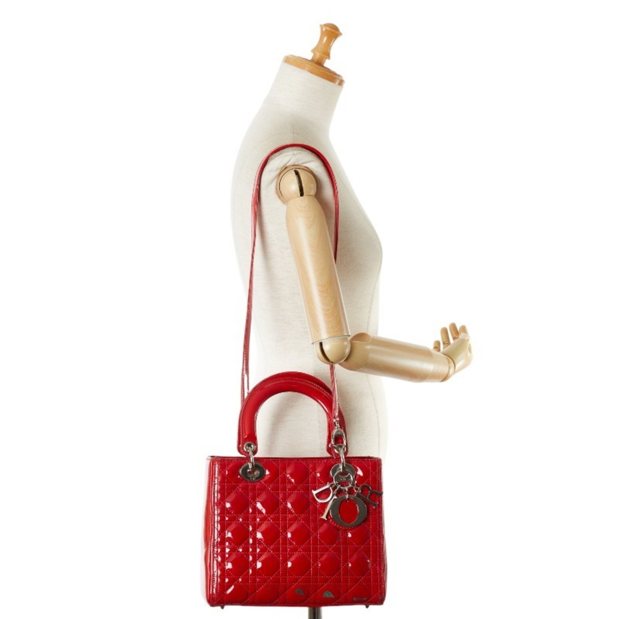 Christian Dior Dior Lady Cannage Handbag Shoulder Bag Red Enamel Women's