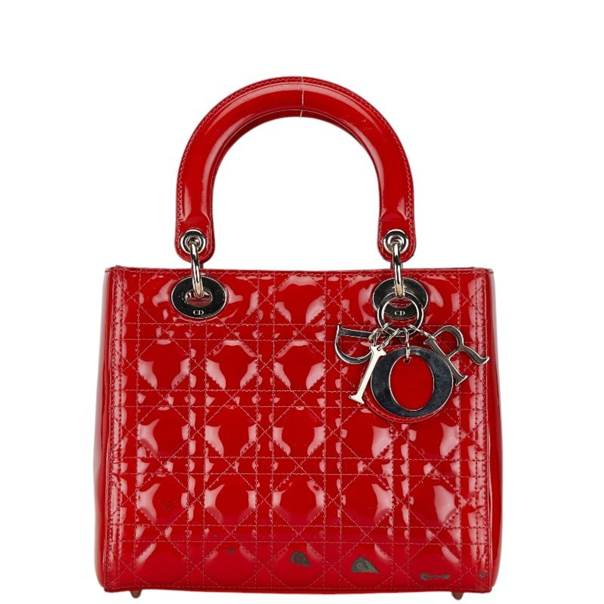 Christian Dior Dior Lady Cannage Handbag Shoulder Bag Red Enamel Women's