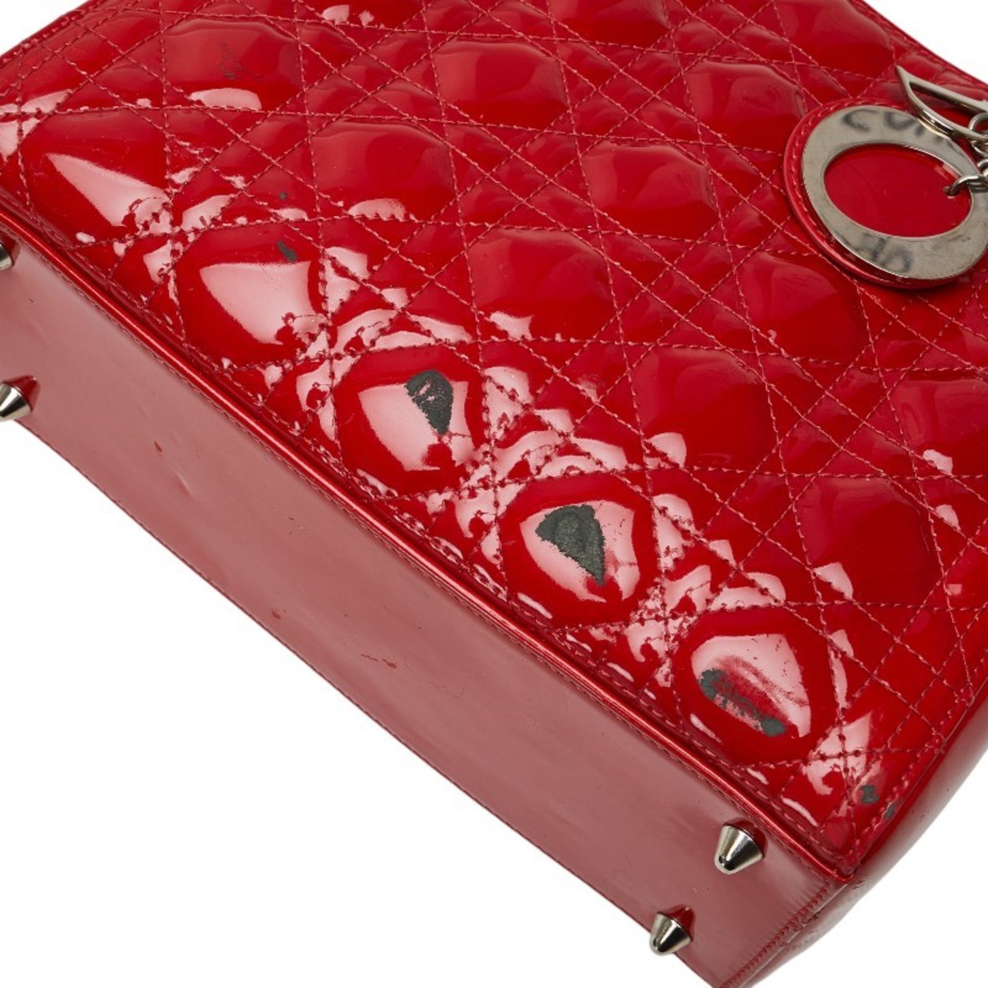 Christian Dior Dior Lady Cannage Handbag Shoulder Bag Red Enamel Women's