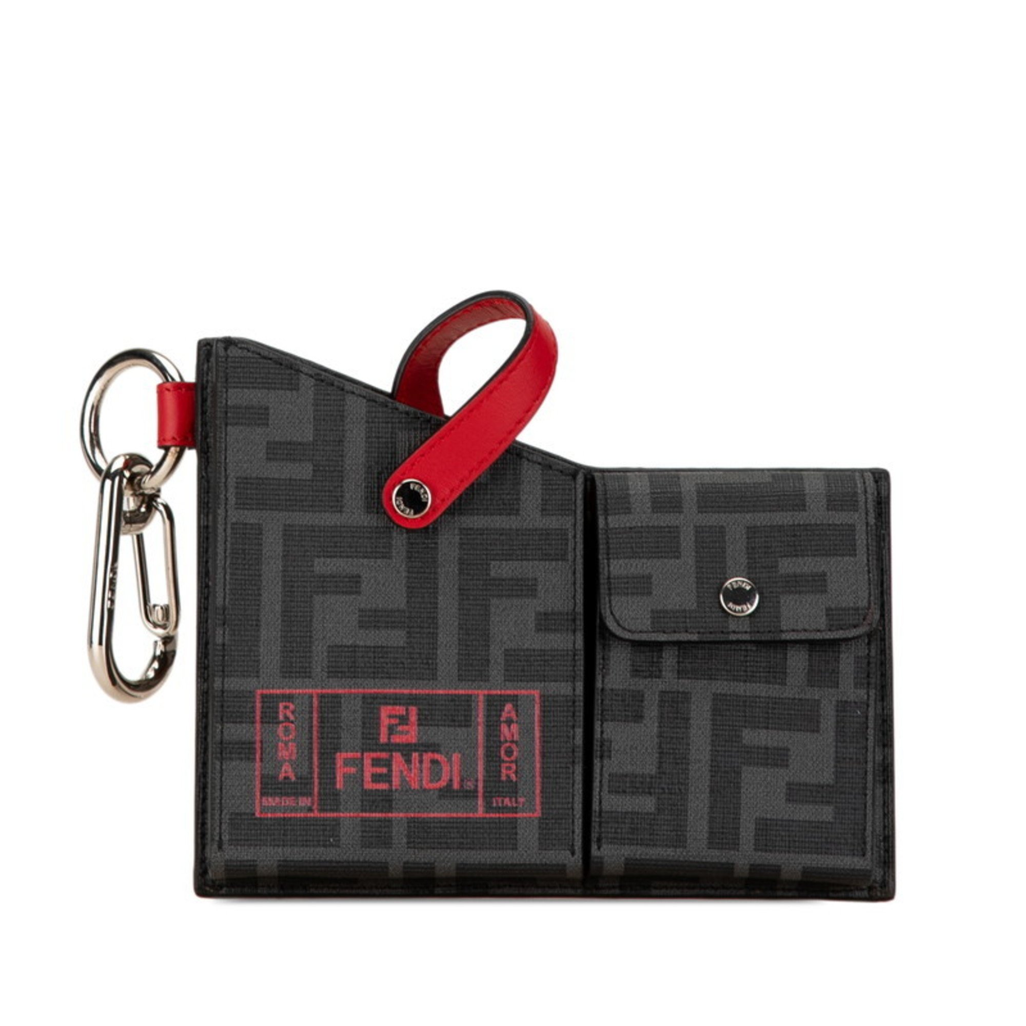 FENDI ZUCCA Charm Keychain 7AR759 Grey Black Red PVC Leather Women's