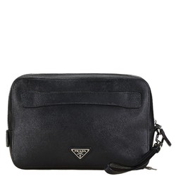 Prada Triangle Plate Clutch Bag Second Black Leather Men's PRADA