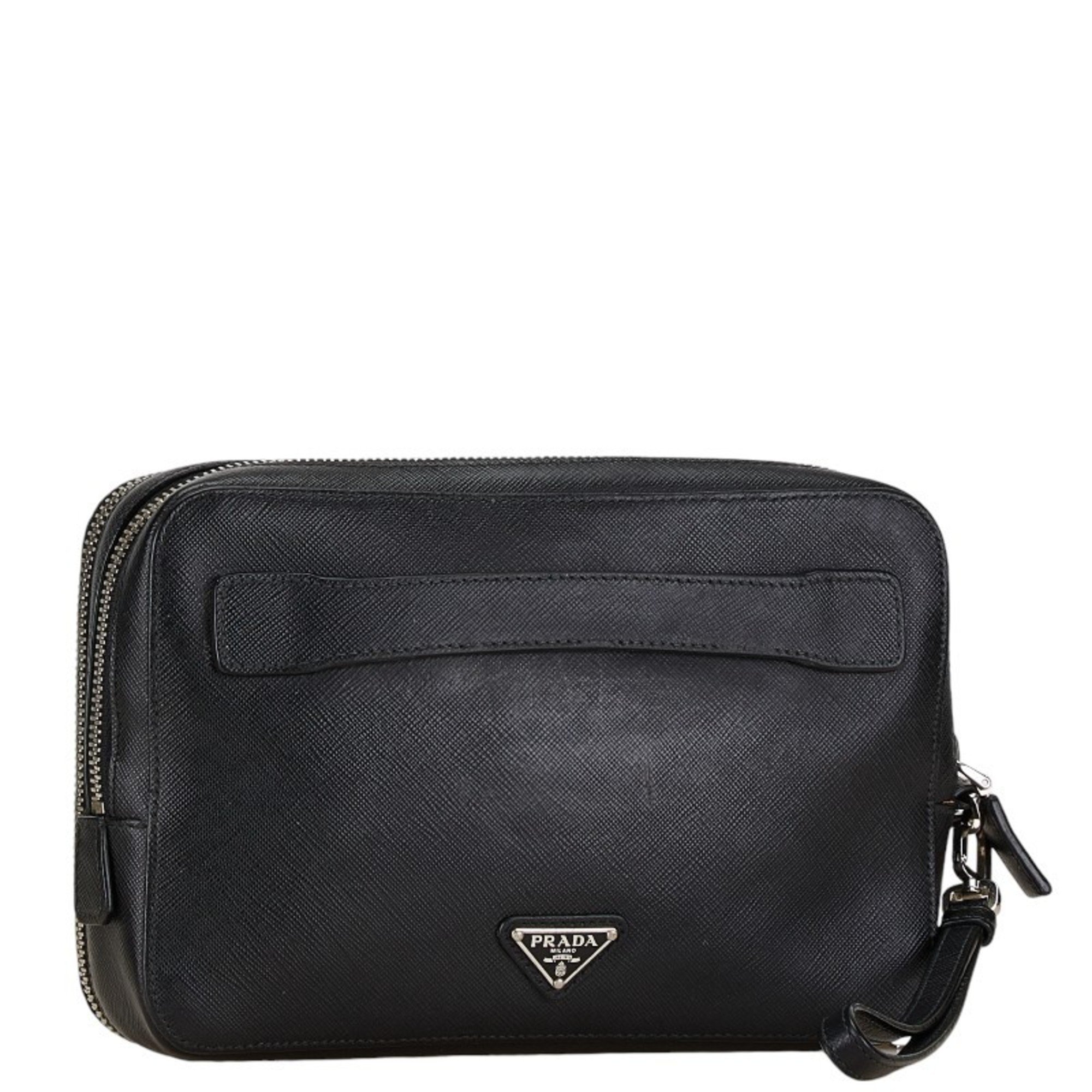 Prada Triangle Plate Clutch Bag Second Black Leather Men's PRADA