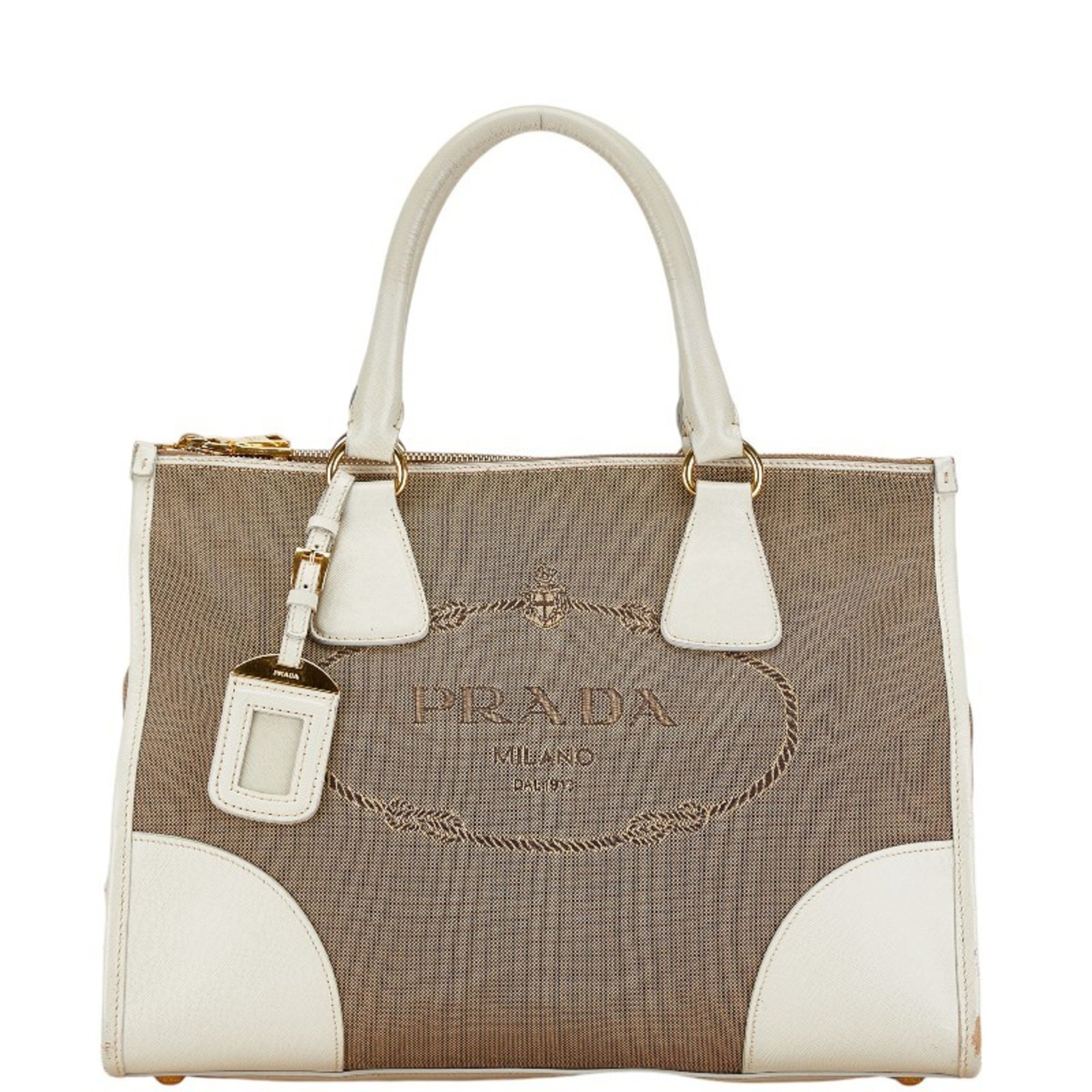 Prada Jacquard Tote Bag Brown White Canvas Leather Women's PRADA