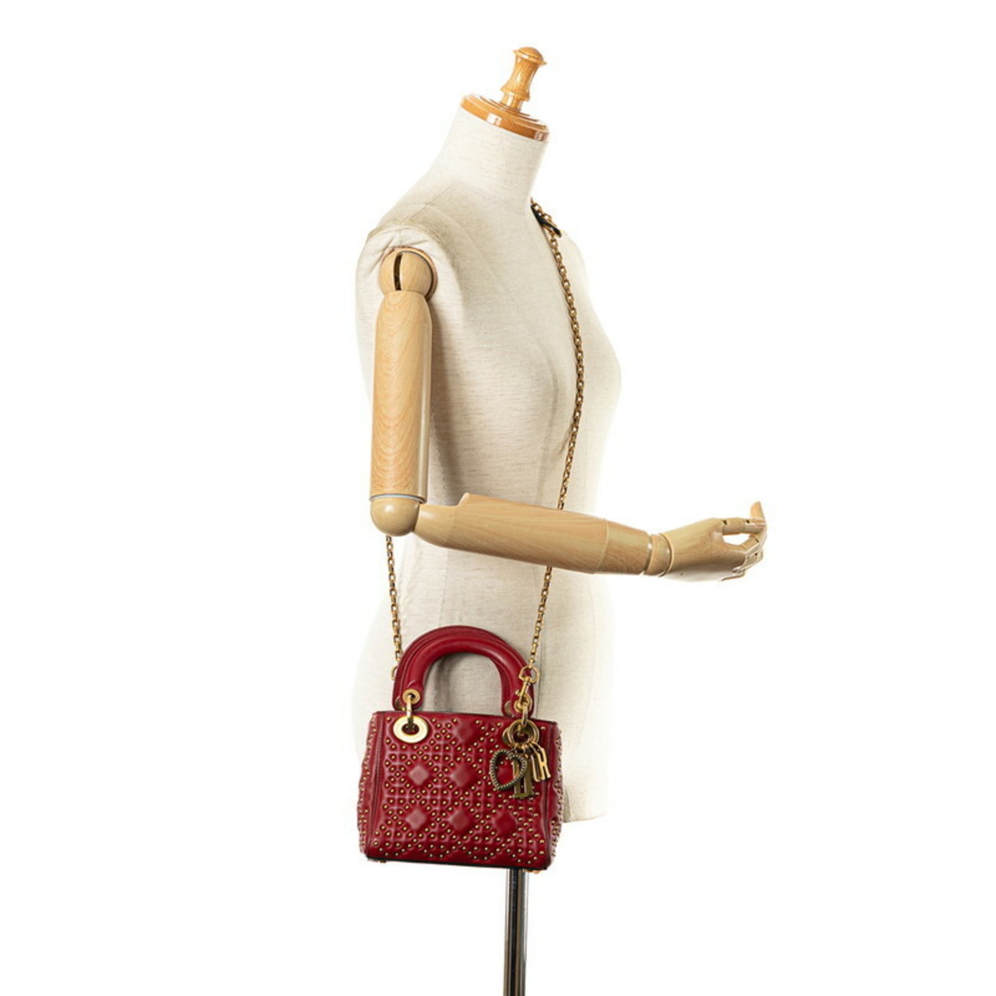 Christian Dior Dior Lady Studs Handbag Shoulder Bag Red Gold Leather Women's