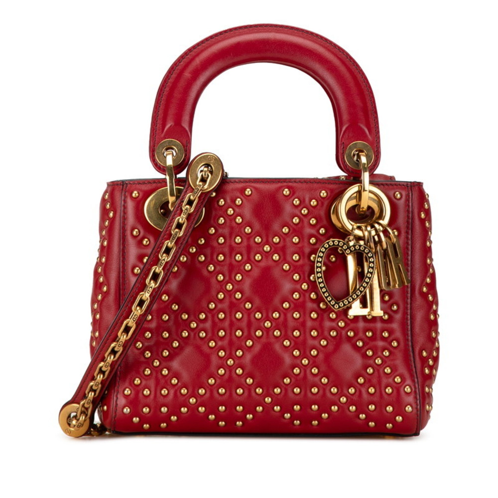 Christian Dior Dior Lady Studs Handbag Shoulder Bag Red Gold Leather Women's