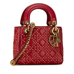 Christian Dior Dior Lady Studs Handbag Shoulder Bag Red Gold Leather Women's