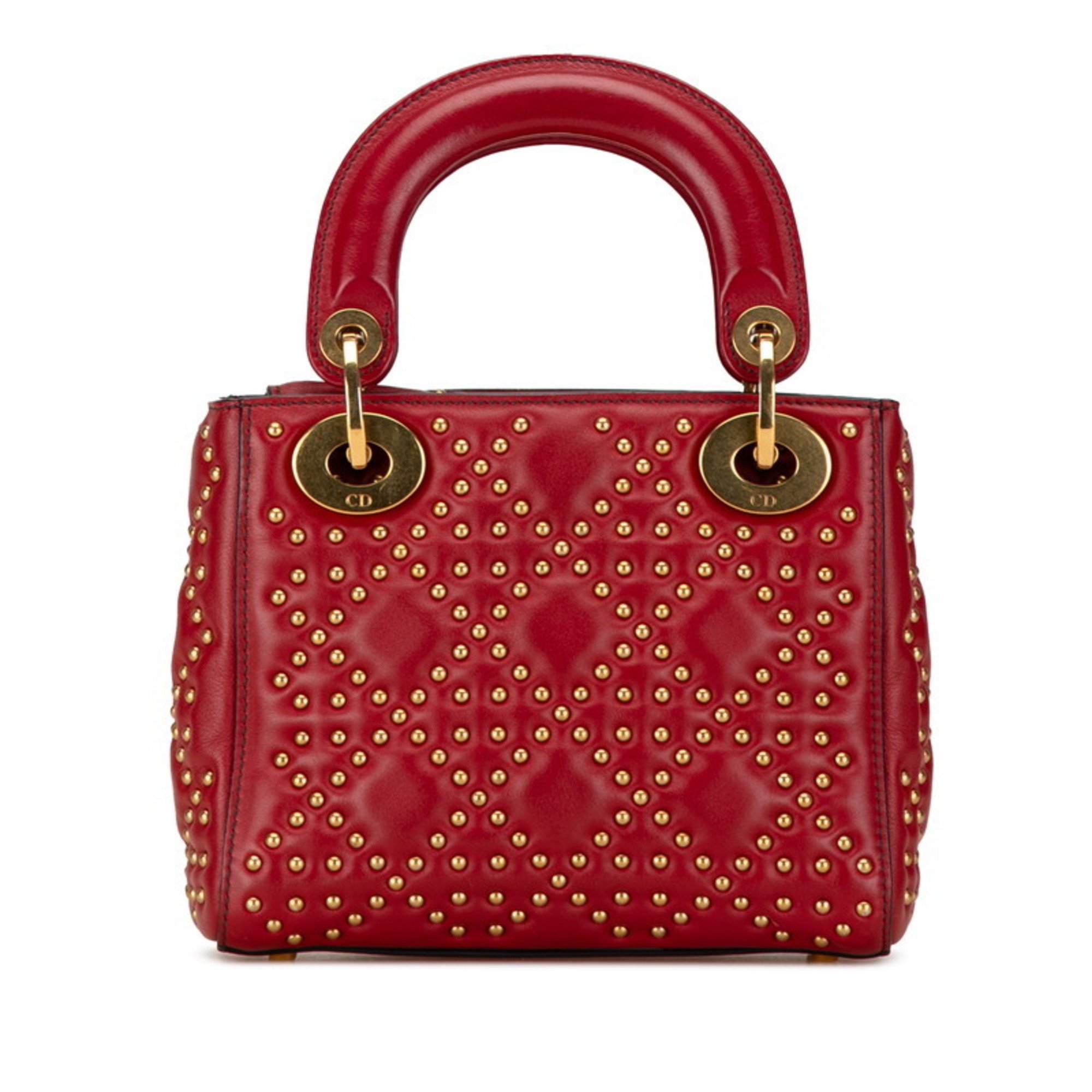 Christian Dior Dior Lady Studs Handbag Shoulder Bag Red Gold Leather Women's