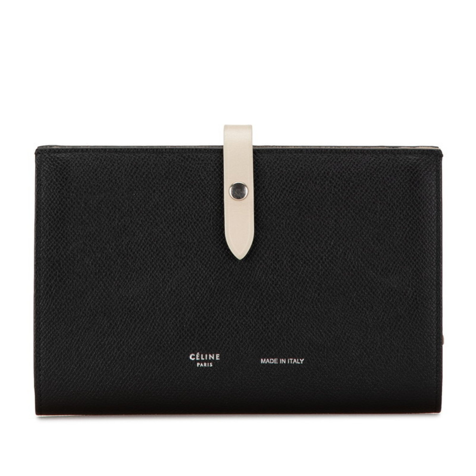 Celine Medium Strap Wallet Multi-Function Bi-Fold 104813 Black Greige Leather Women's CELINE