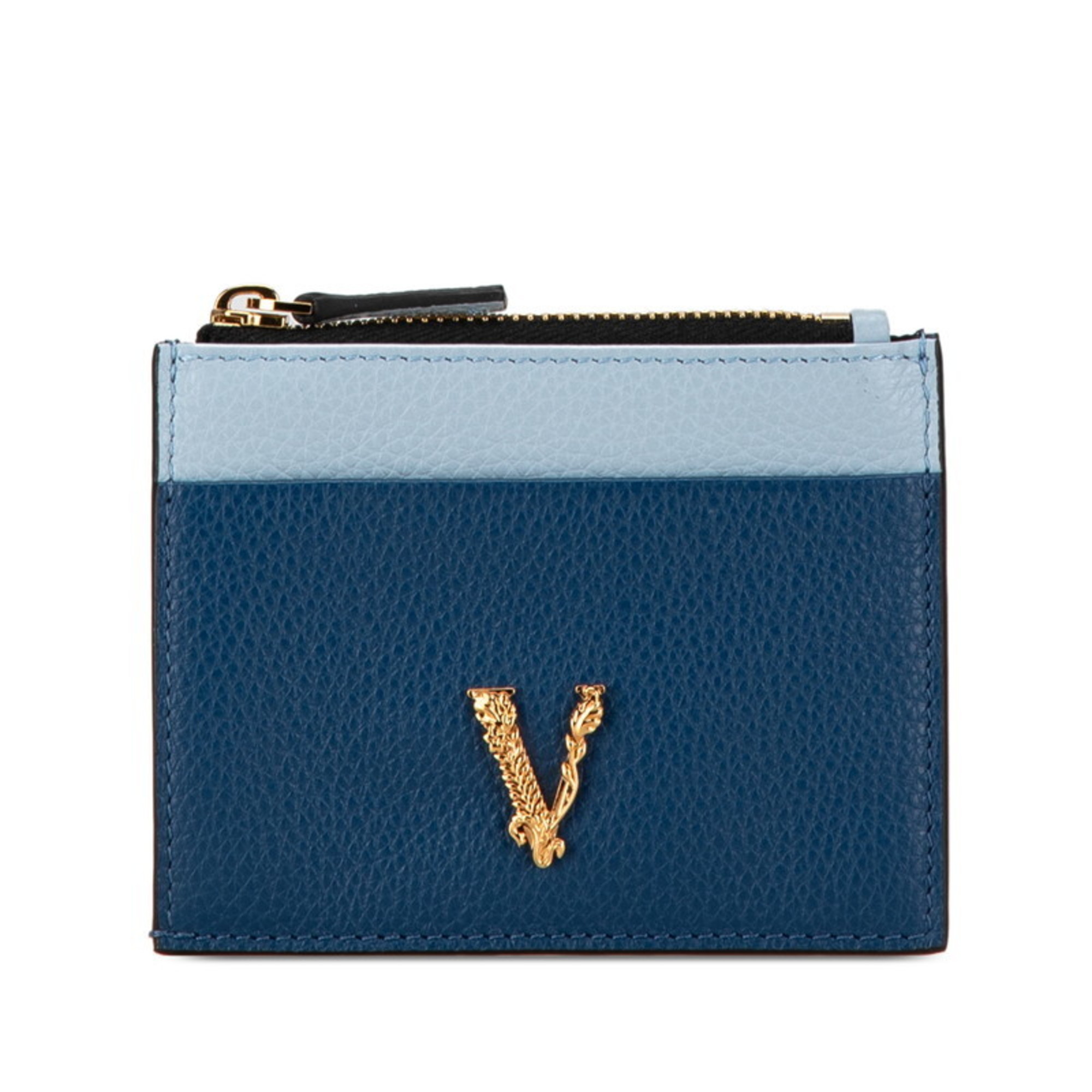 Versace Virtus Bicolor Card Case Coin Navy Light Blue Leather Women's VERSACE