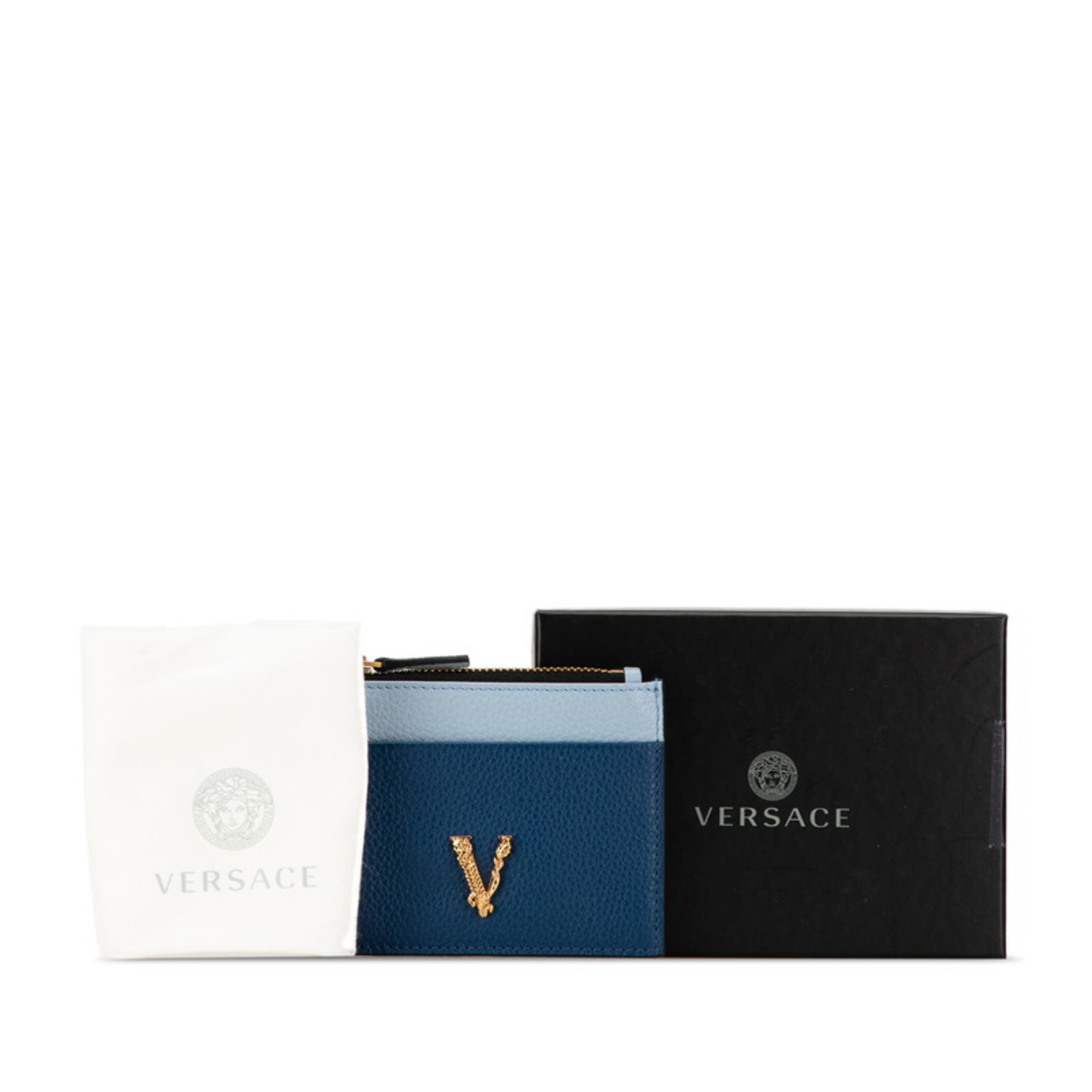 Versace Virtus Bicolor Card Case Coin Navy Light Blue Leather Women's VERSACE