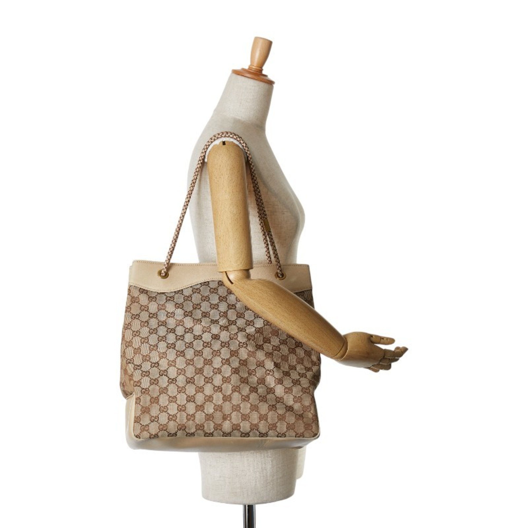 Gucci GG Canvas Tote Bag Handbag 109141 Beige Ivory Leather Women's GUCCI