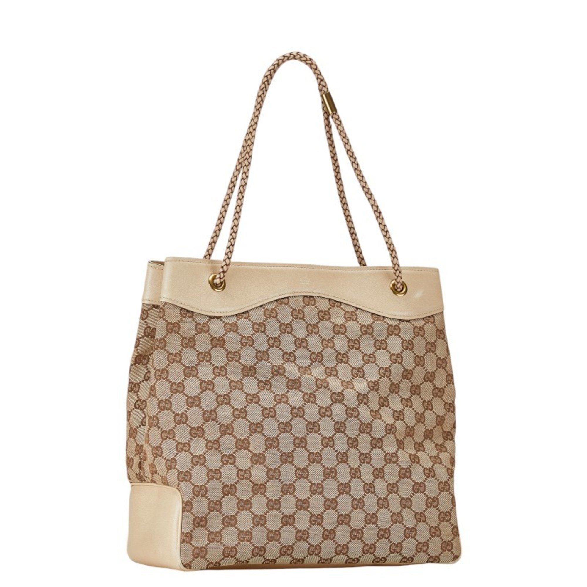 Gucci GG Canvas Tote Bag Handbag 109141 Beige Ivory Leather Women's GUCCI