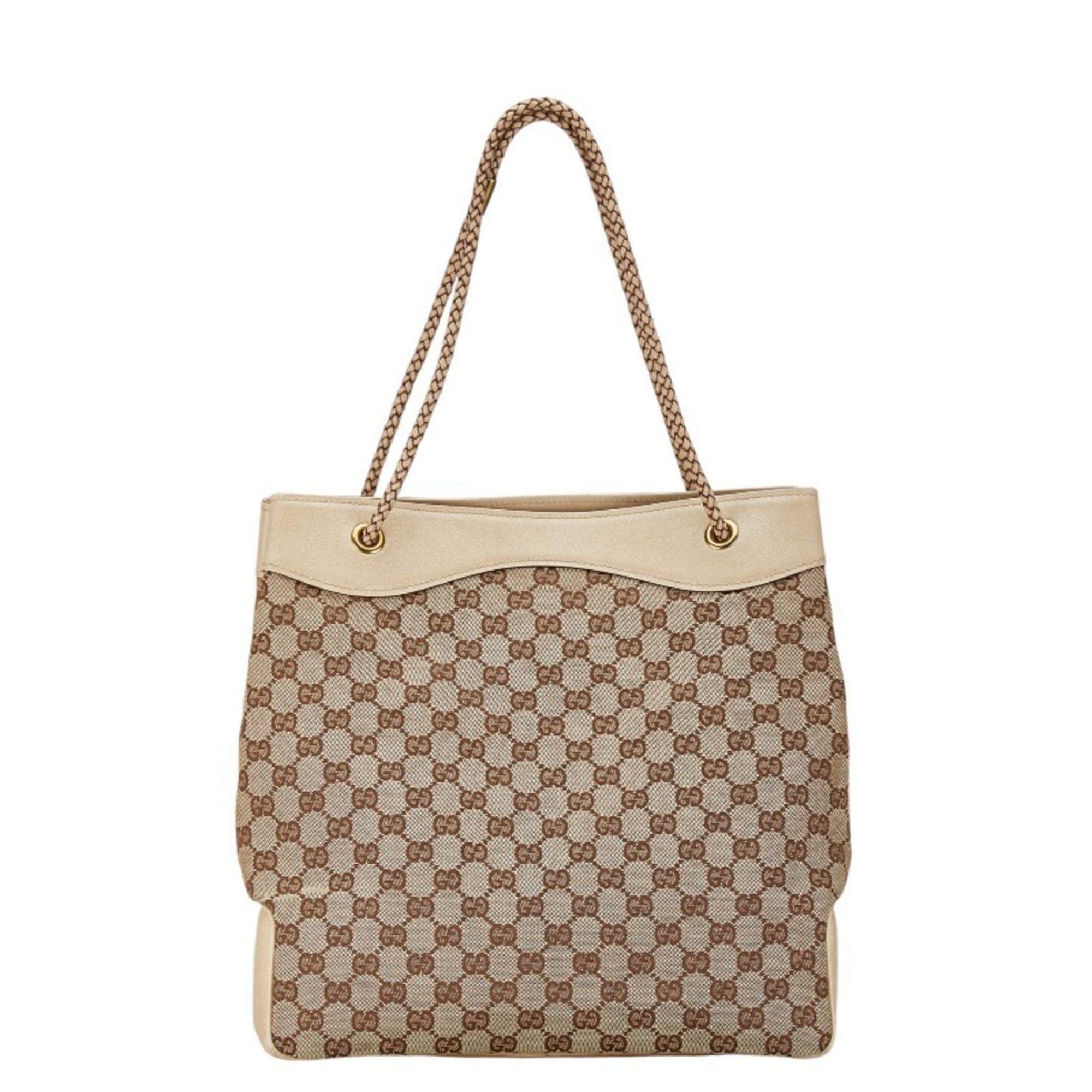 Gucci GG Canvas Tote Bag Handbag 109141 Beige Ivory Leather Women's GUCCI