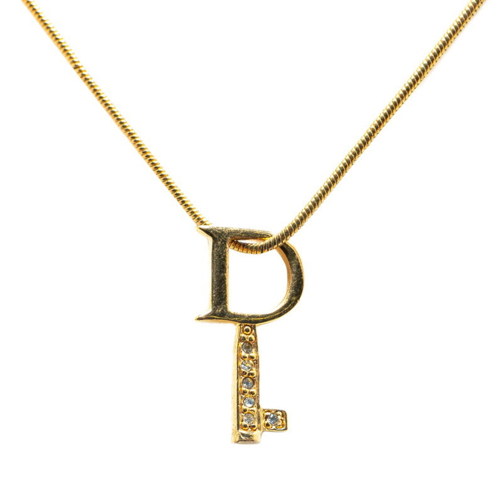 Christian Dior Dior D key motif rhinestone necklace gold plated women's