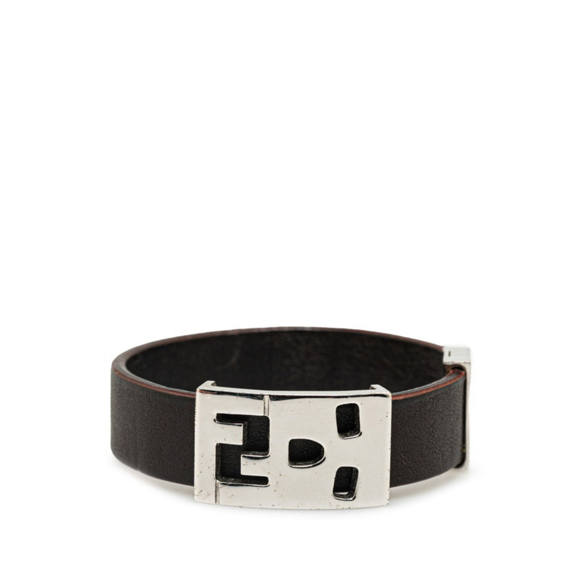 Fendi FF Skull Motif Bracelet Silver Brown Plated Leather Women's FENDI