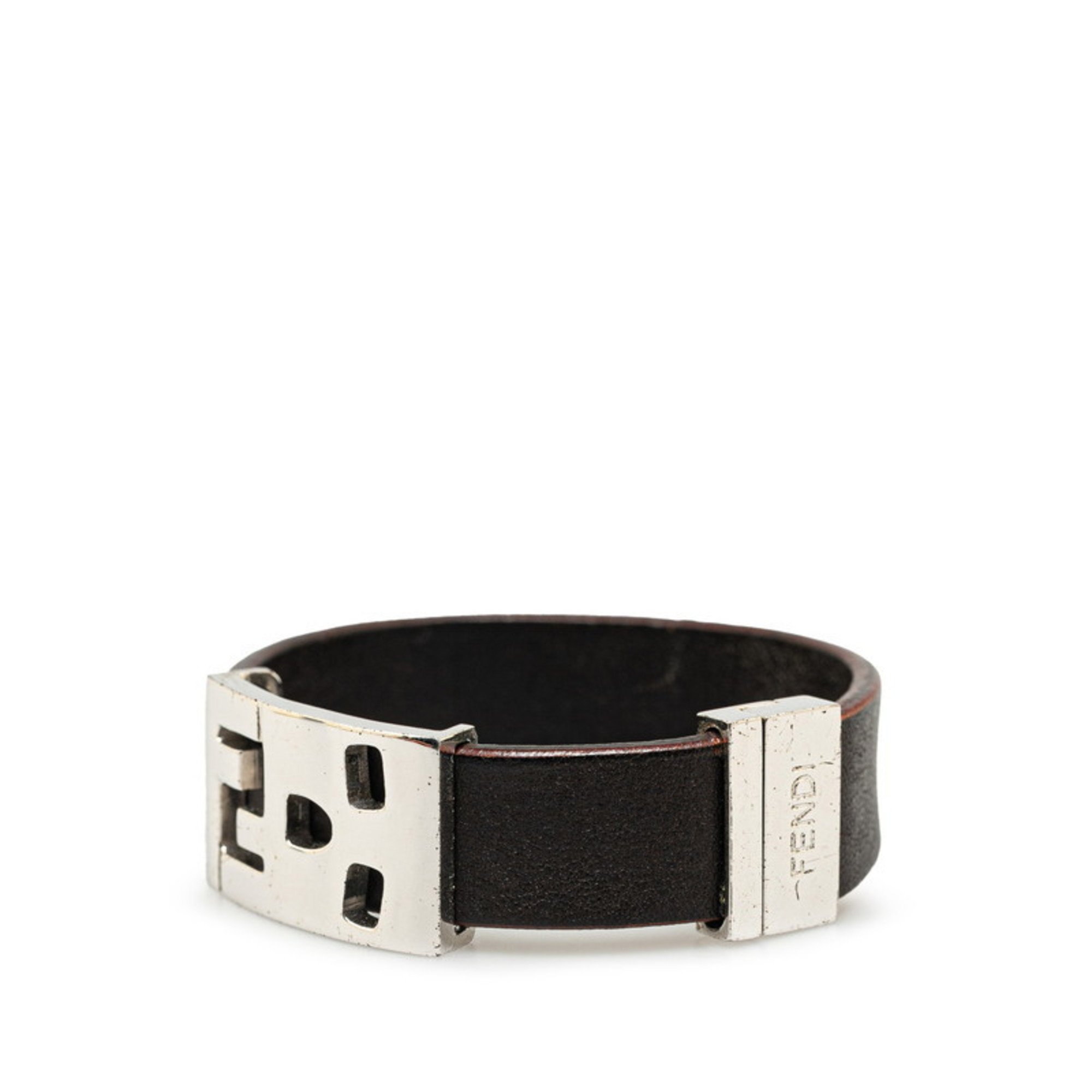 Fendi FF Skull Motif Bracelet Silver Brown Plated Leather Women's FENDI