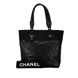 CHANEL Paris Biarritz PM Tote Bag Shoulder A34208 Black Leather Canvas Women's