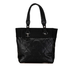 CHANEL Paris Biarritz PM Tote Bag Shoulder A34208 Black Leather Canvas Women's