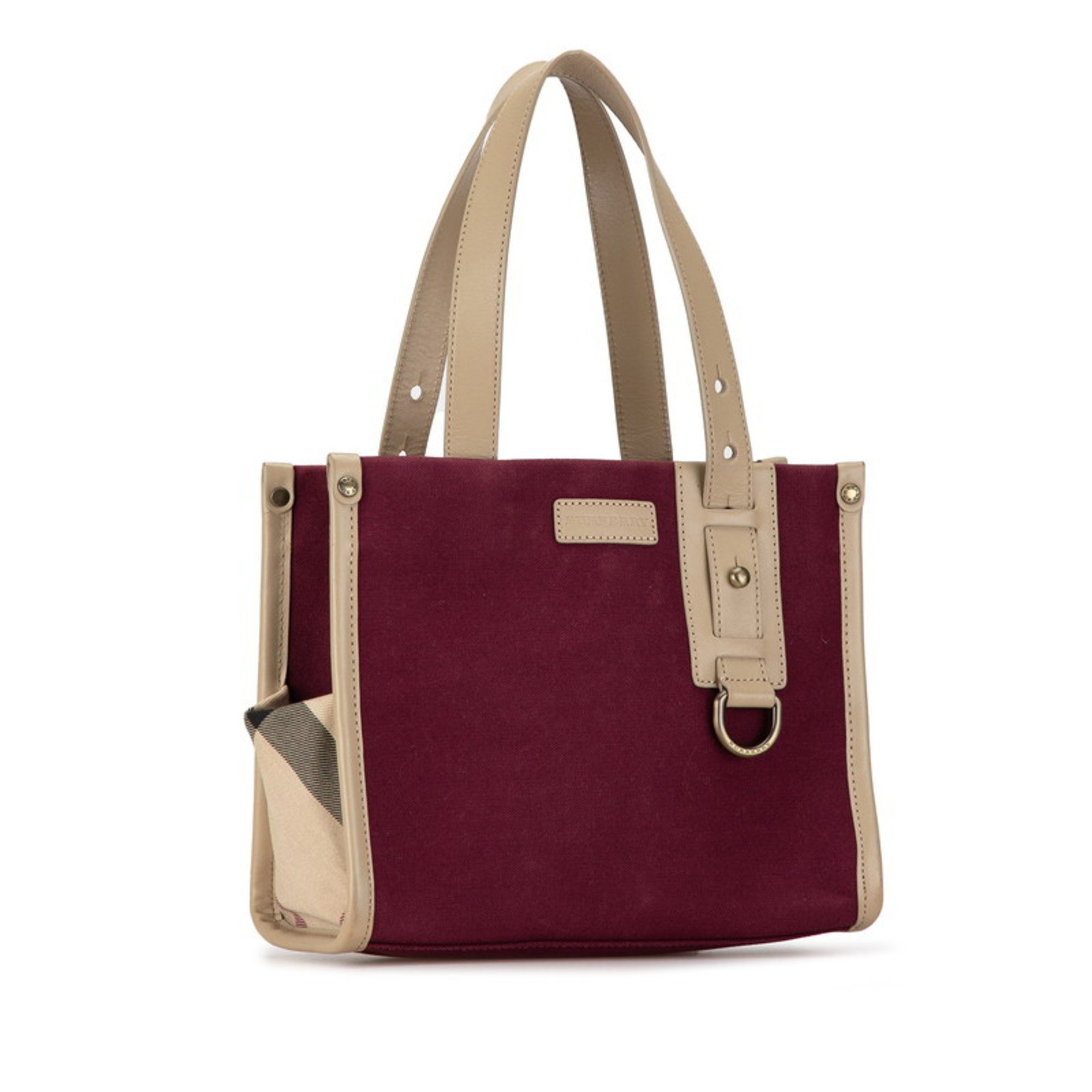 Burberry Check Tote Bag Wine Red Beige Canvas Leather Women's BURBERRY