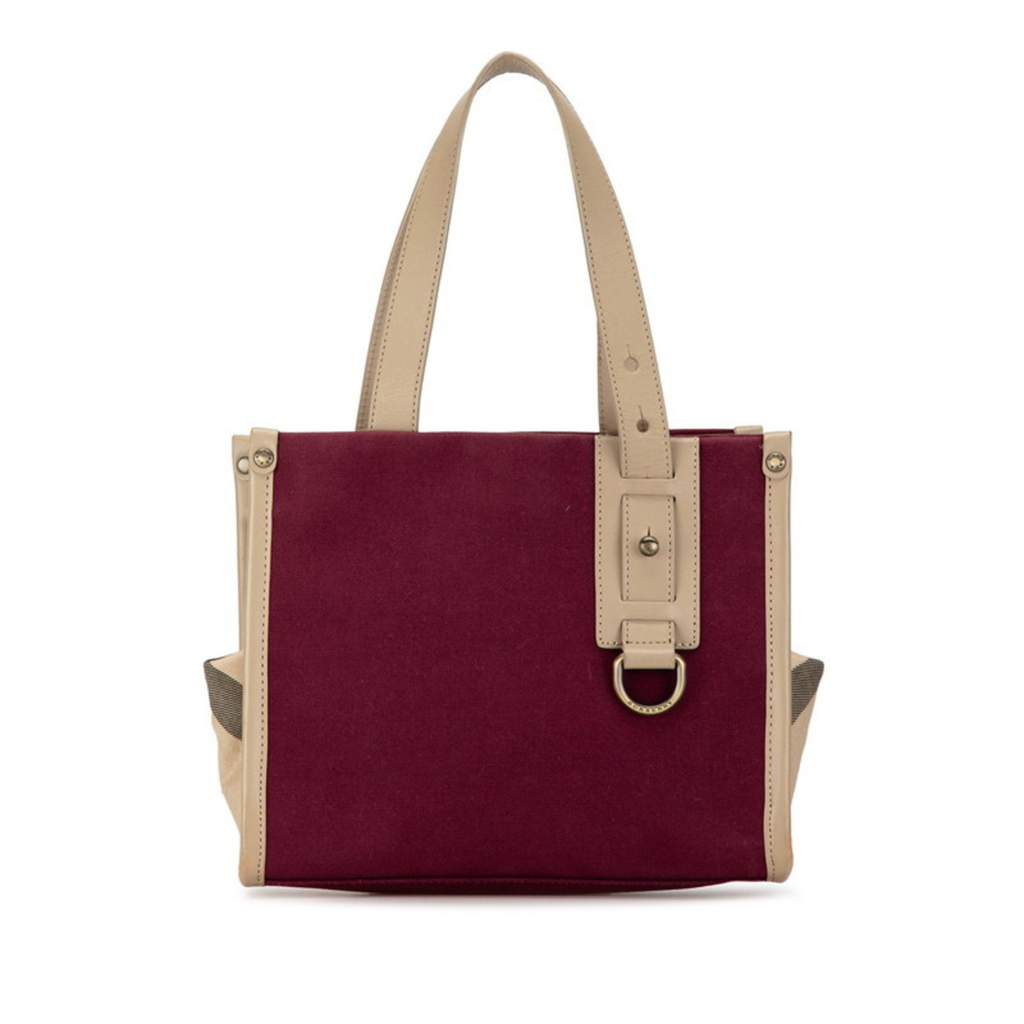 Burberry Check Tote Bag Wine Red Beige Canvas Leather Women's BURBERRY