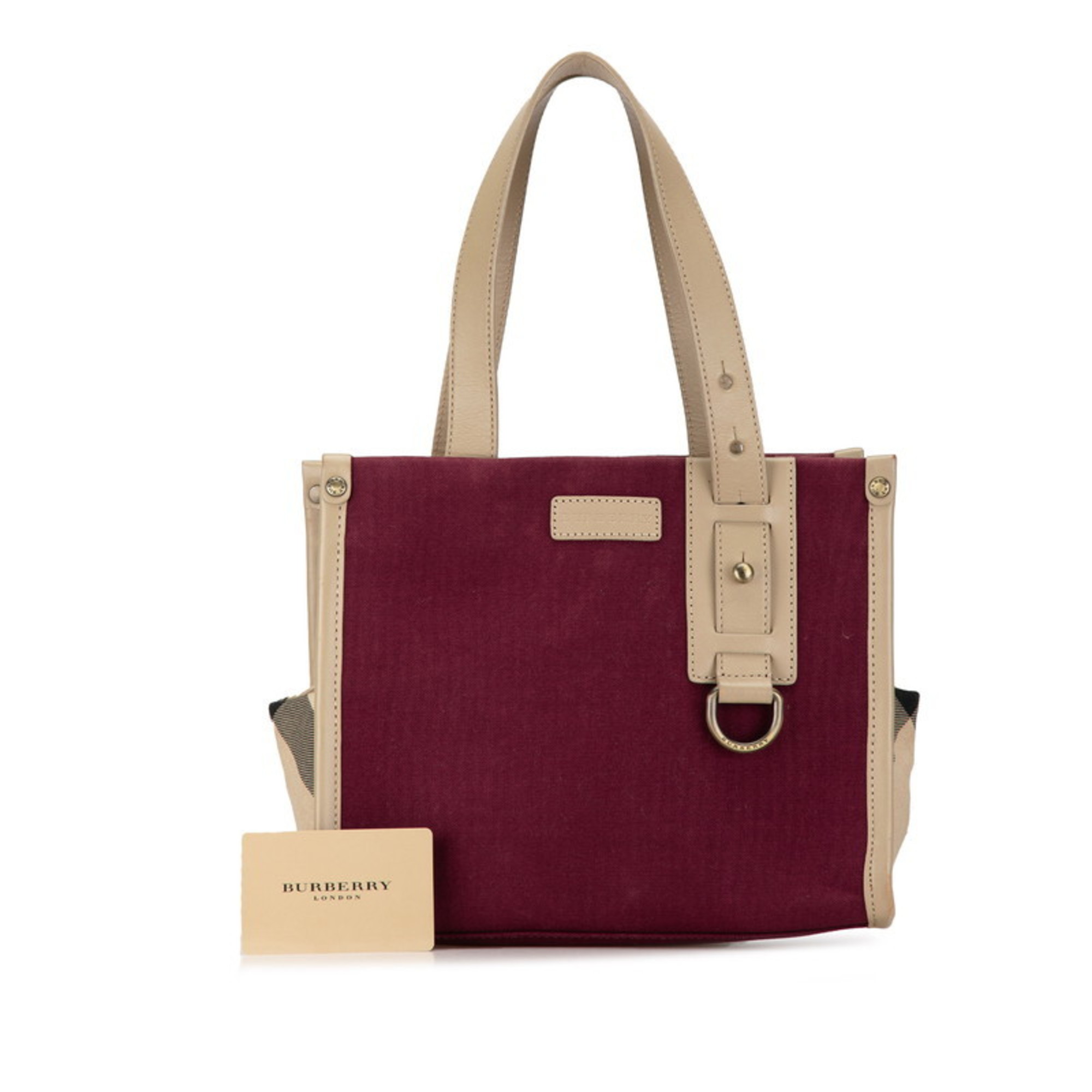 Burberry Check Tote Bag Wine Red Beige Canvas Leather Women's BURBERRY