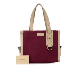 Burberry Check Tote Bag Wine Red Beige Canvas Leather Women's BURBERRY