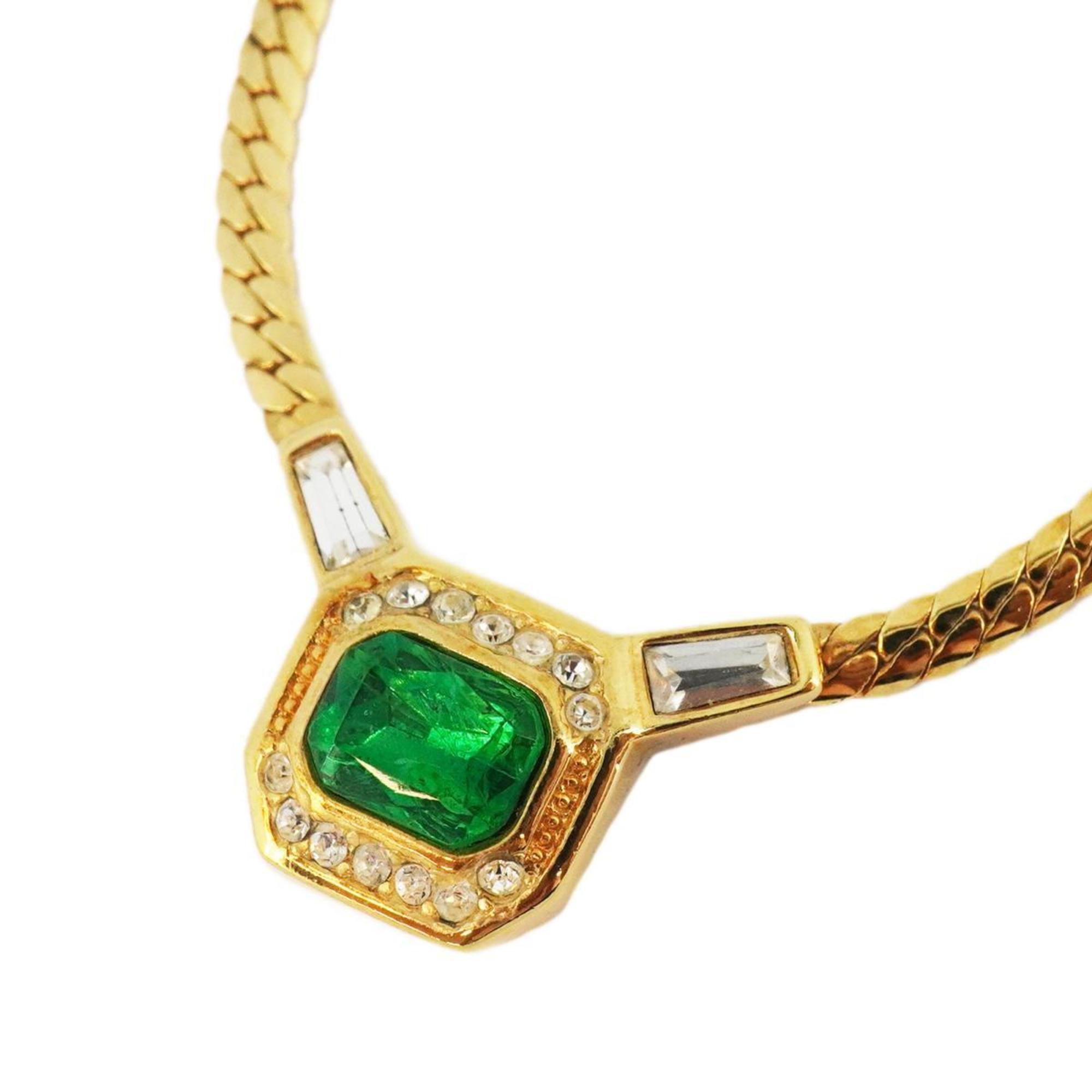 Christian Dior Necklace Square Rhinestone Color Stone GP Plated Gold Green Women's