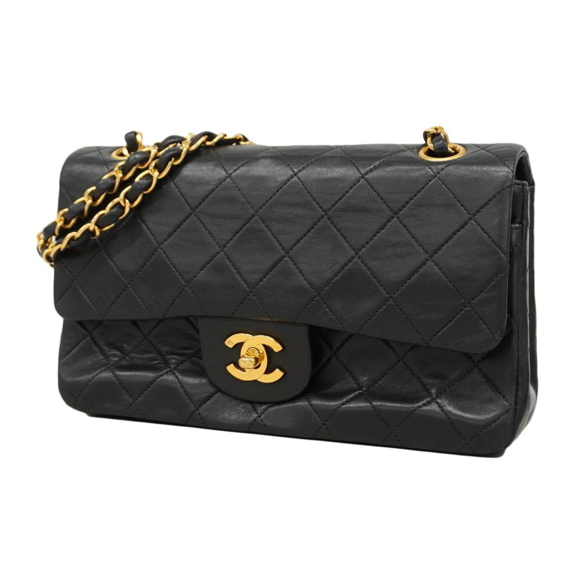 Chanel Shoulder Bag Matelasse W Flap Chain Lambskin Black Women's