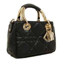 Christian Dior Shoulder Bag Cannage Lady 95.22 Leather Black Champagne Women's