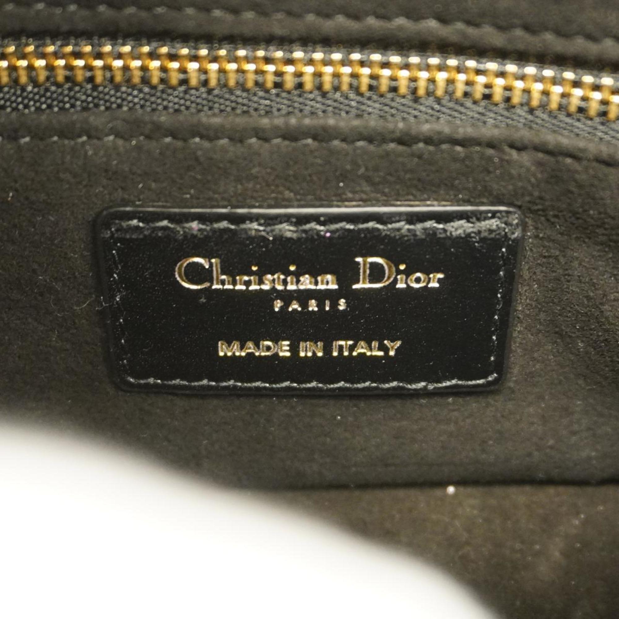 Christian Dior Shoulder Bag Cannage Lady 95.22 Leather Black Champagne Women's