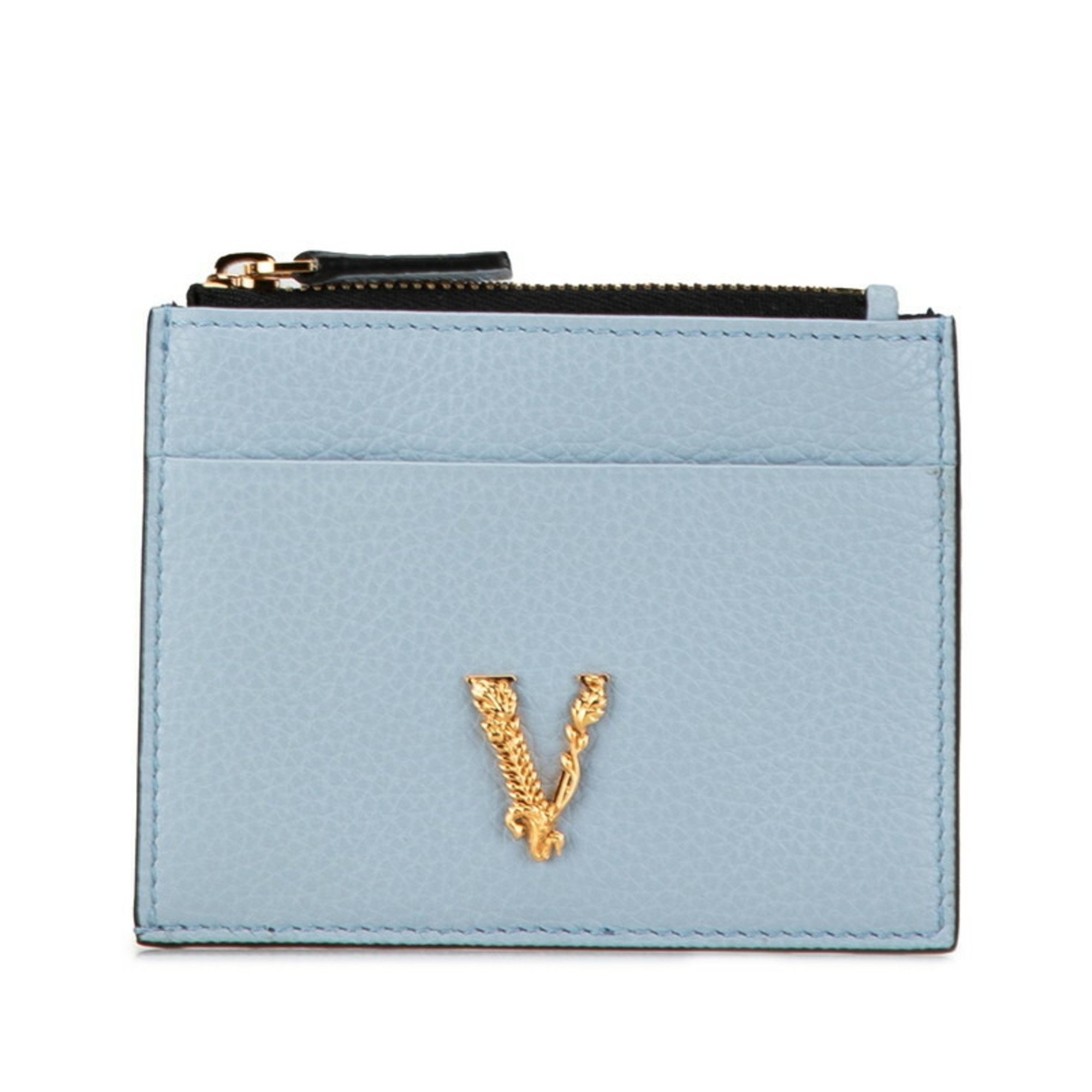 Versace Virtus Card Case Coin Light Blue Leather Women's VERSACE