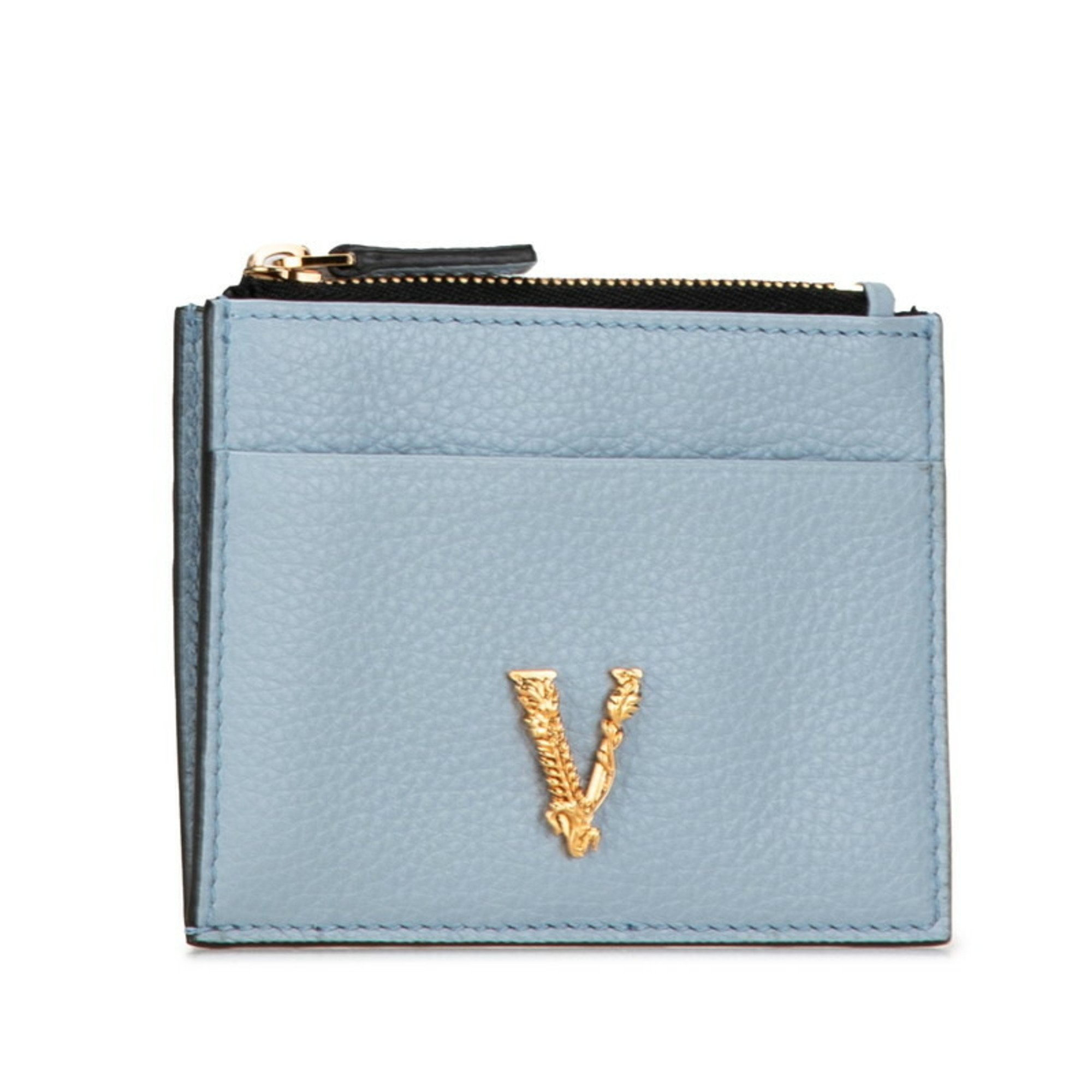 Versace Virtus Card Case Coin Light Blue Leather Women's VERSACE