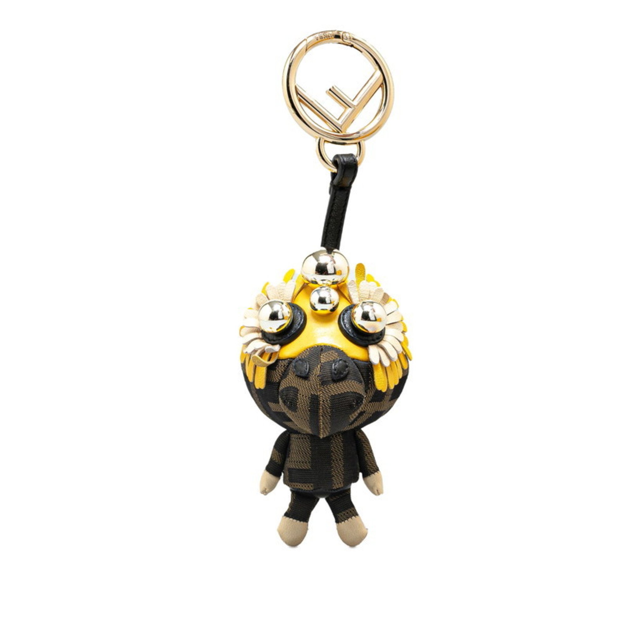 FENDI ZUCCA Space Monkey Bag Charm Keychain Brown Yellow Canvas Leather Women's