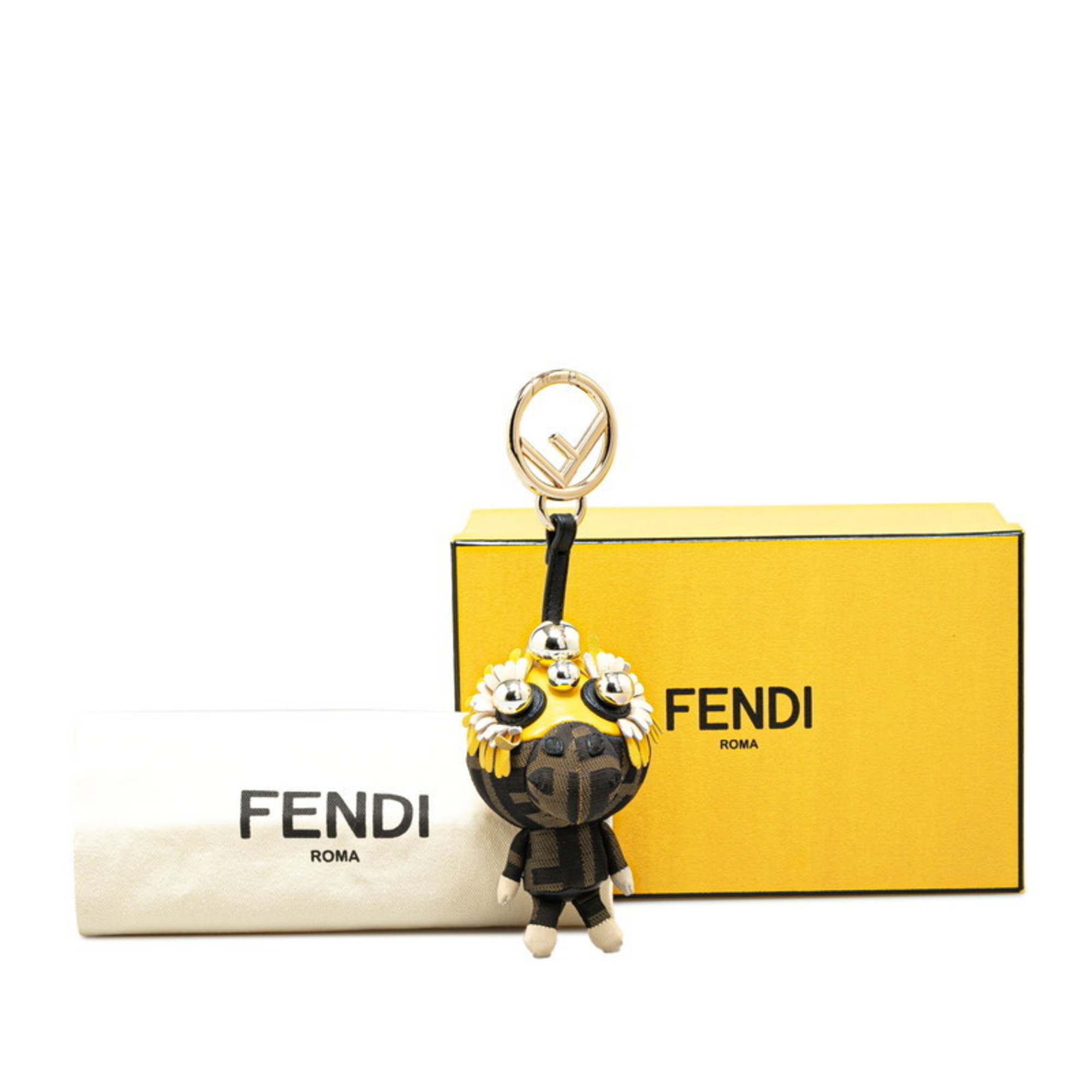 FENDI ZUCCA Space Monkey Bag Charm Keychain Brown Yellow Canvas Leather Women's