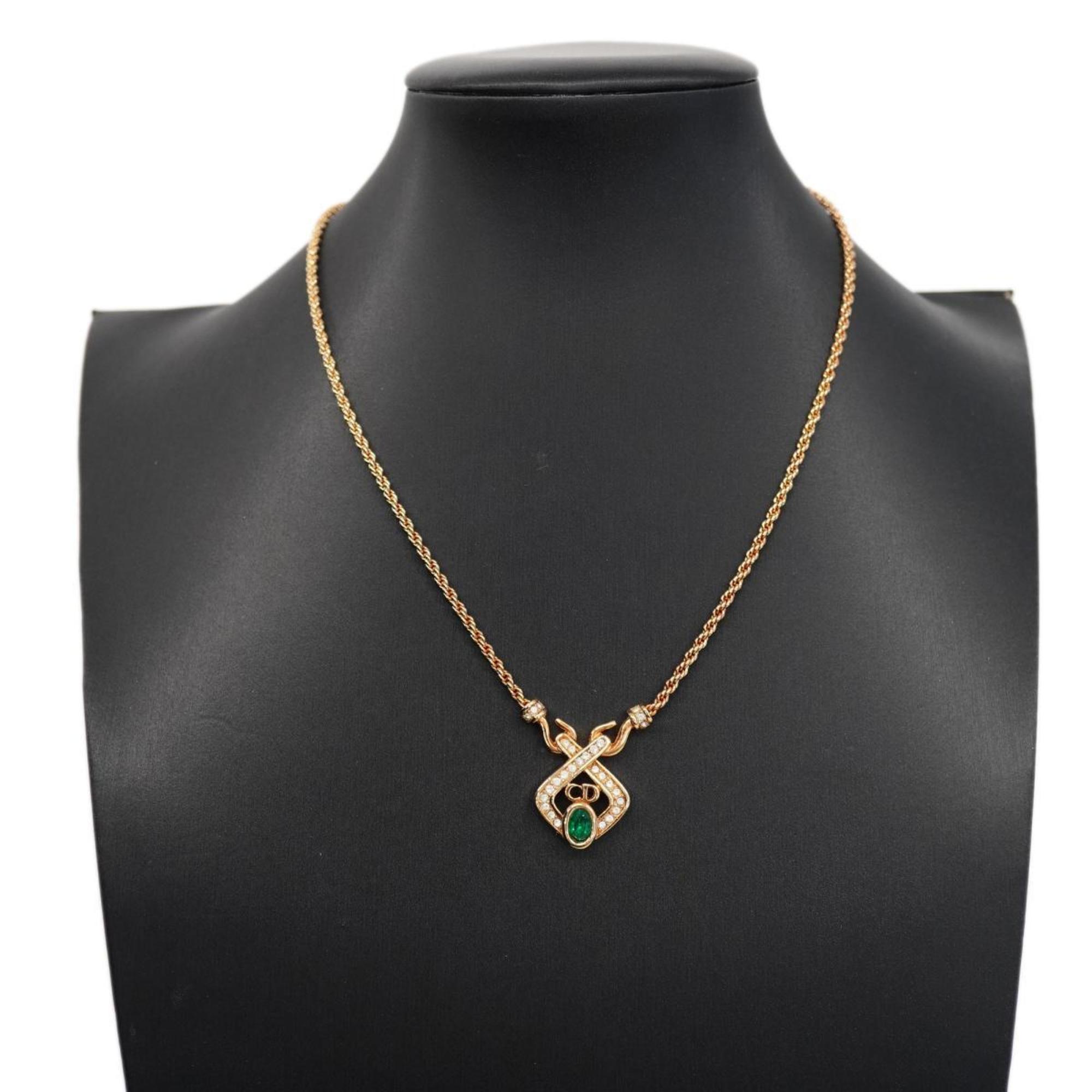 Christian Dior Necklace CD Rhinestone Color Stone GP Plated Gold Green Women's