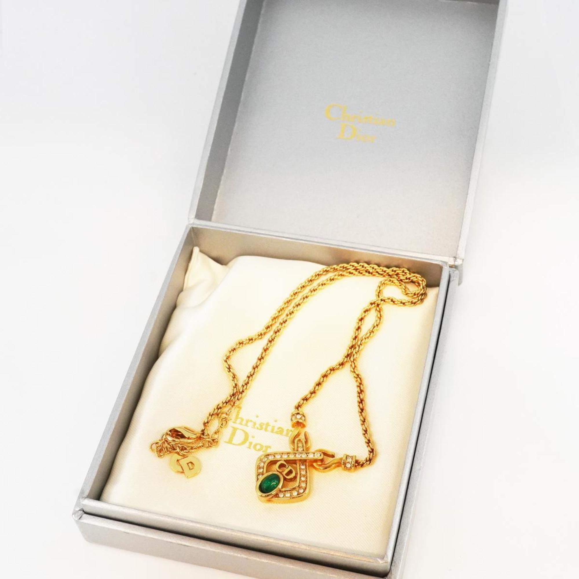 Christian Dior Necklace CD Rhinestone Color Stone GP Plated Gold Green Women's