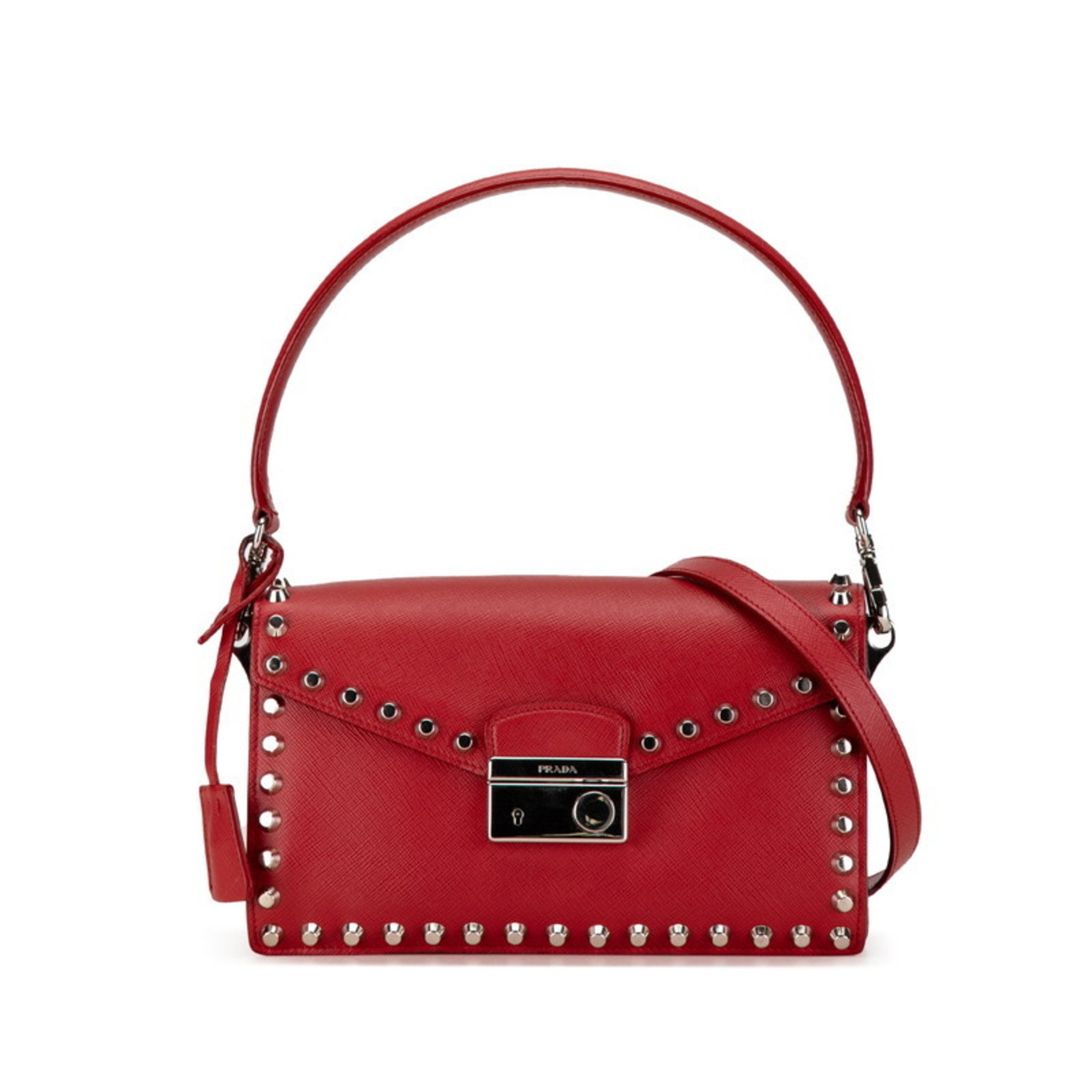 Prada Triangle Plate Studs Handbag Shoulder Bag Red Leather Women's PRADA