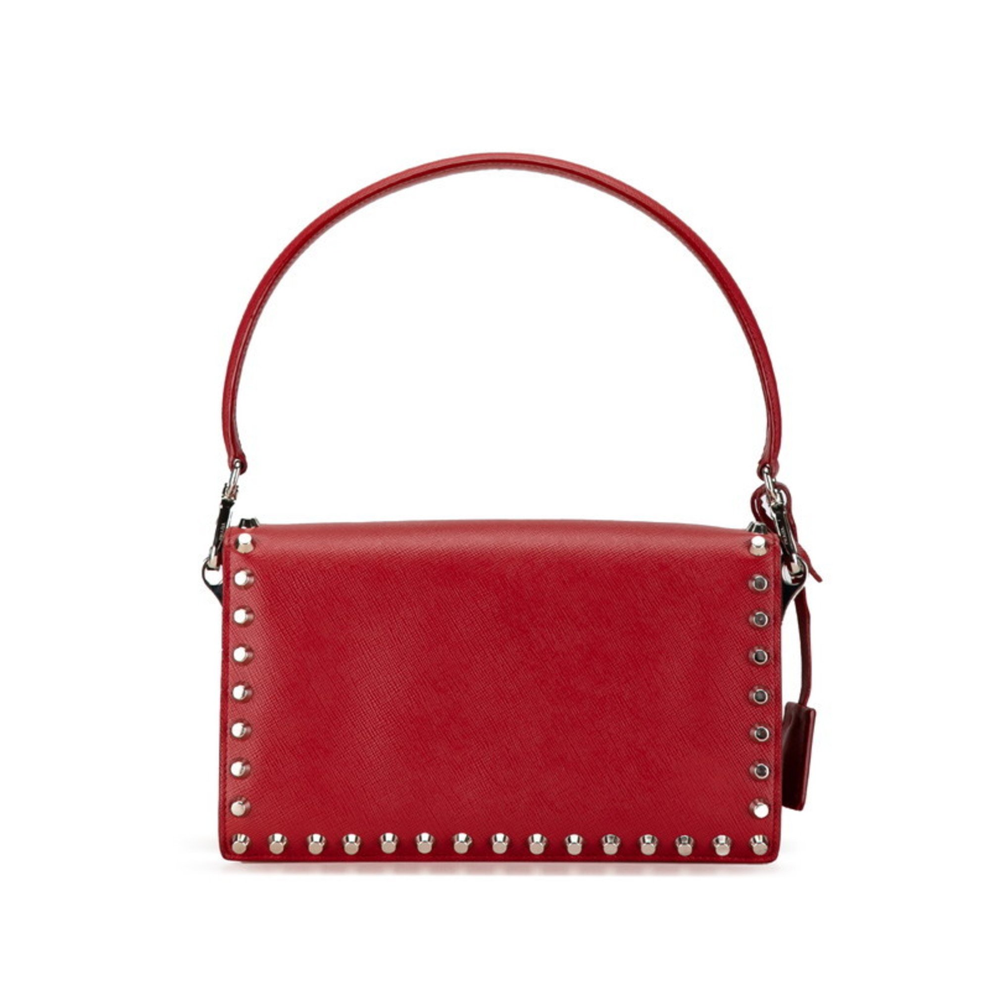 Prada Triangle Plate Studs Handbag Shoulder Bag Red Leather Women's PRADA