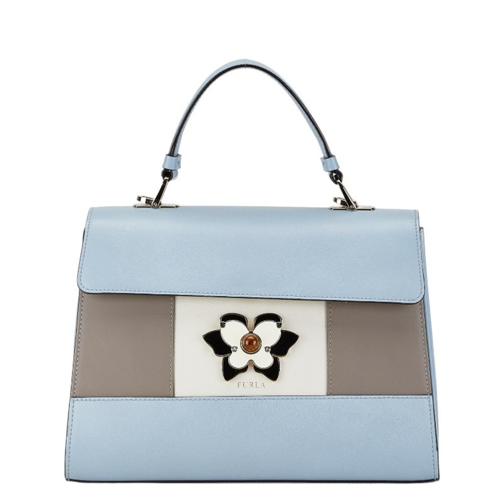 Furla Muguet Flower Motif Handbag Shoulder Bag Light Blue White Leather Women's